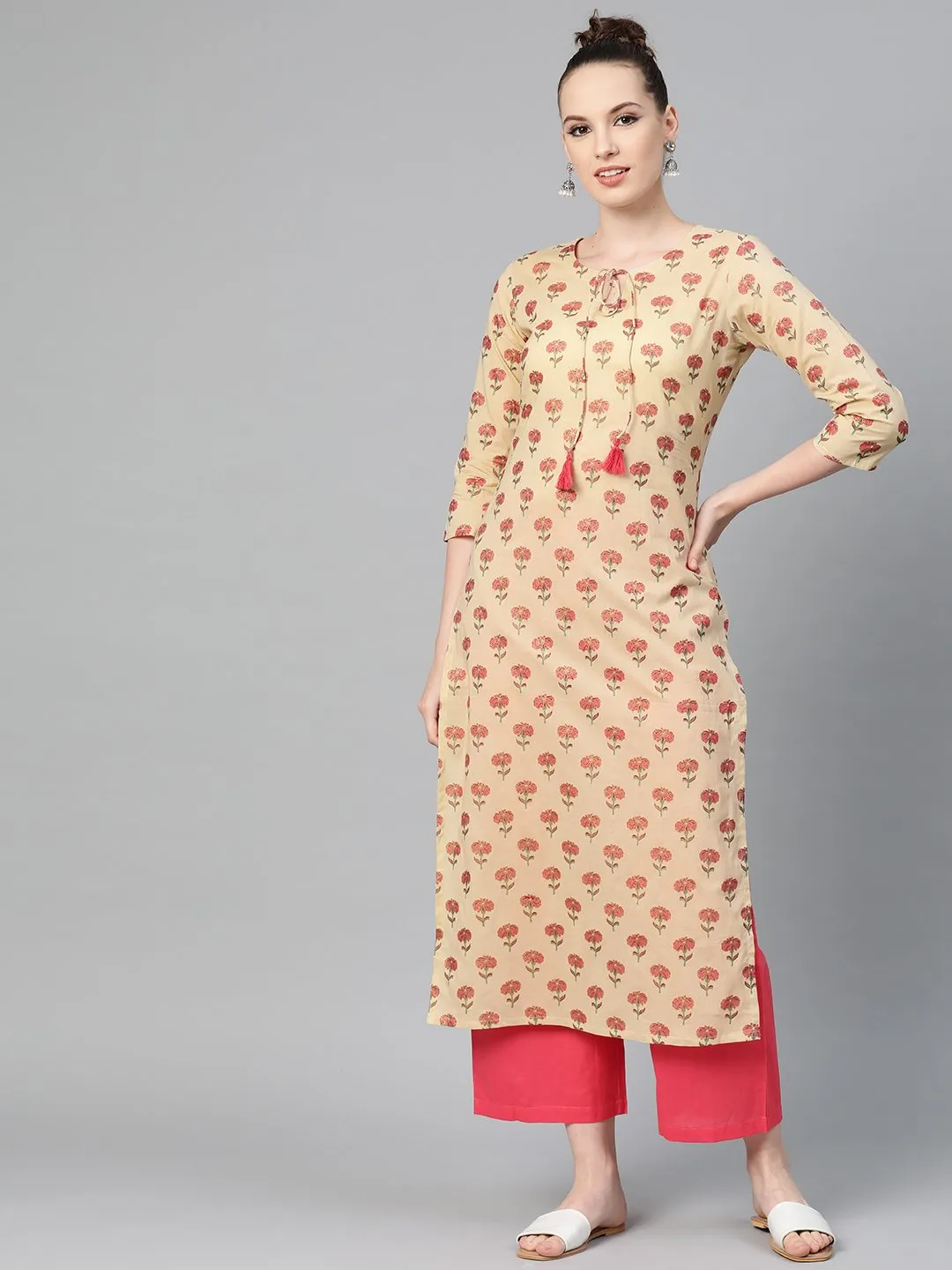 Cream With Multi Floral Printed Kurta With Keyhole Neckline