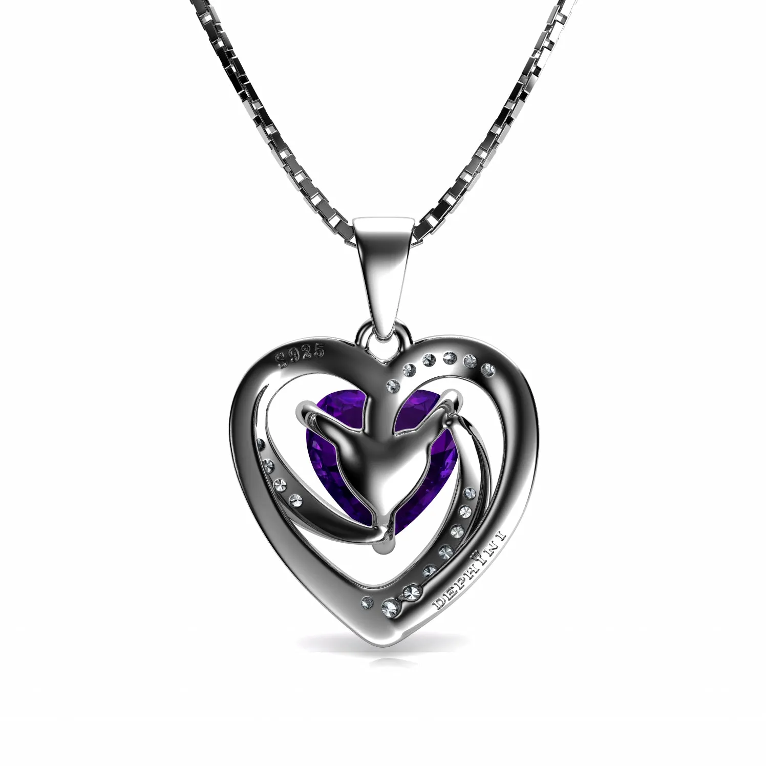 DEPHINI Purple Heart Pendant 925 Sterling Silver Heart Pendant CZ