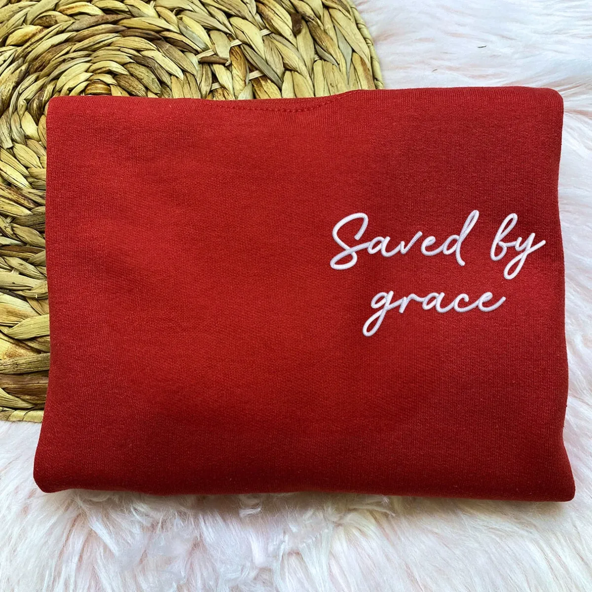 Embroidered Saved by Grace Sweatshirt, Custom Cross on Sleeve