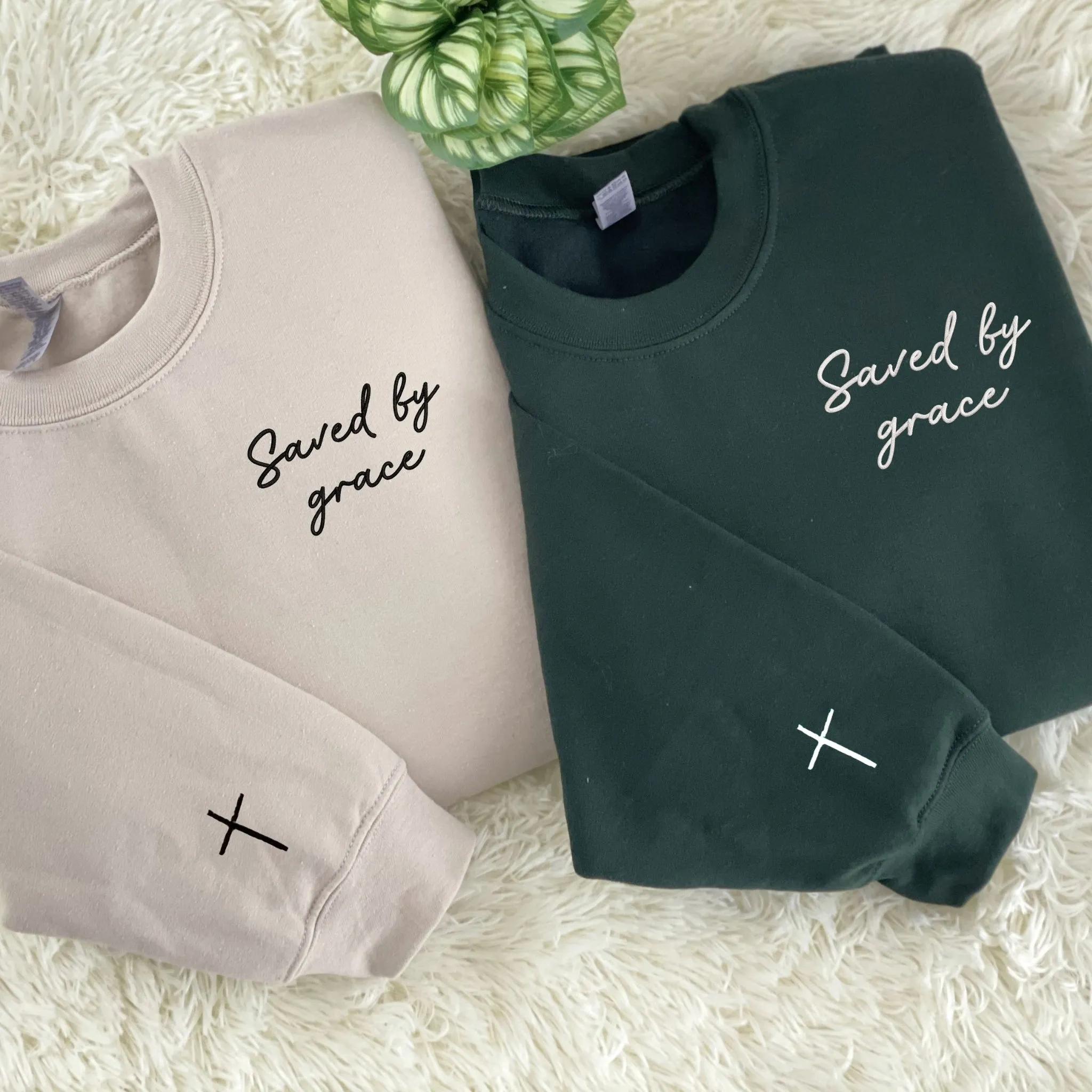 Embroidered Saved by Grace Sweatshirt, Custom Cross on Sleeve