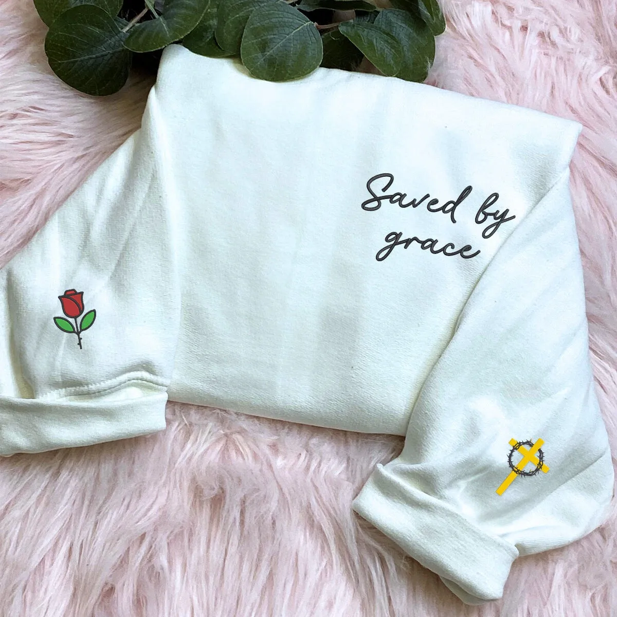 Embroidered Saved by Grace Sweatshirt, Custom Cross on Sleeve