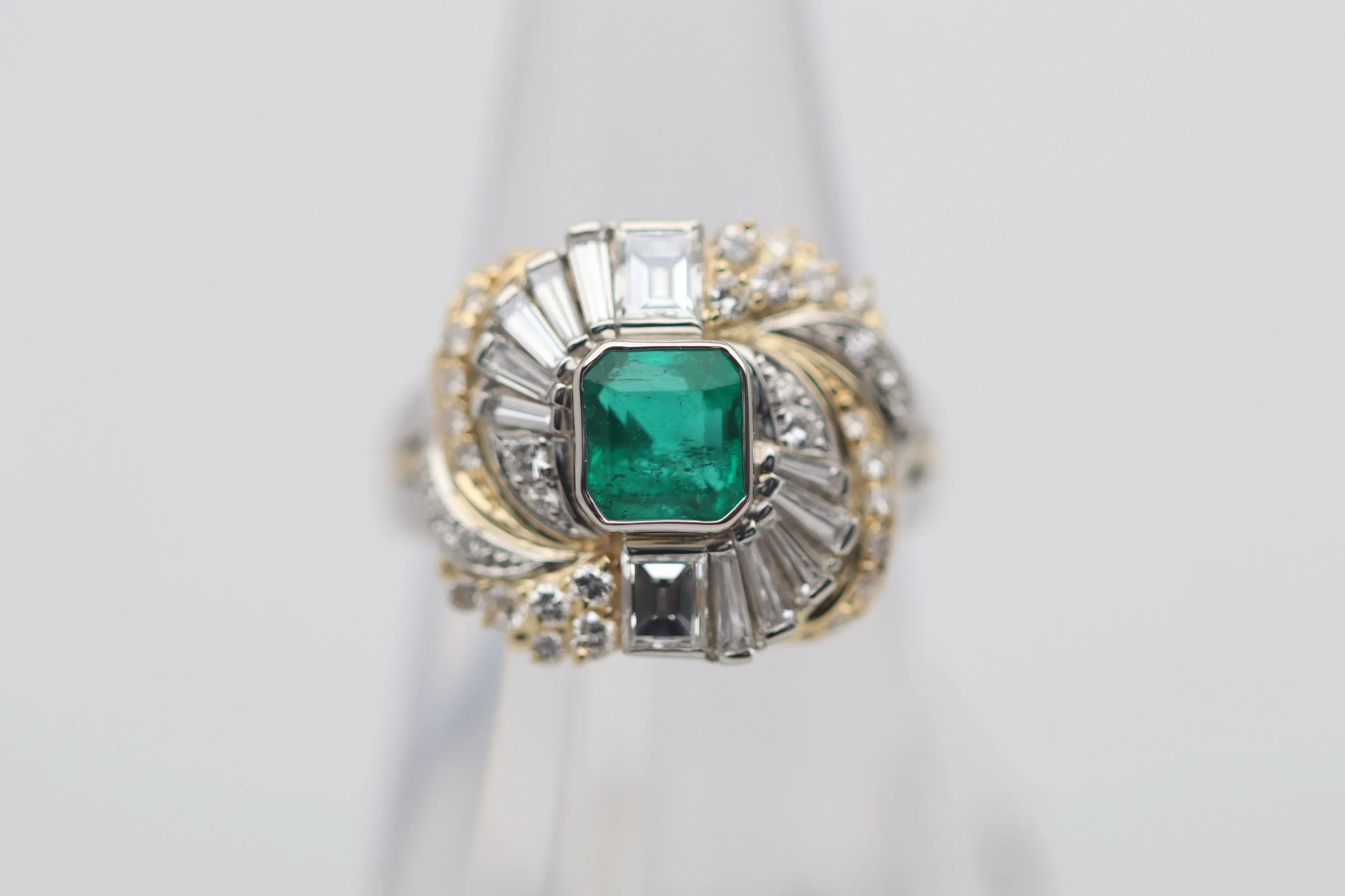 Emerald Diamond Platinum & Gold Two-Tone Spiral Ring