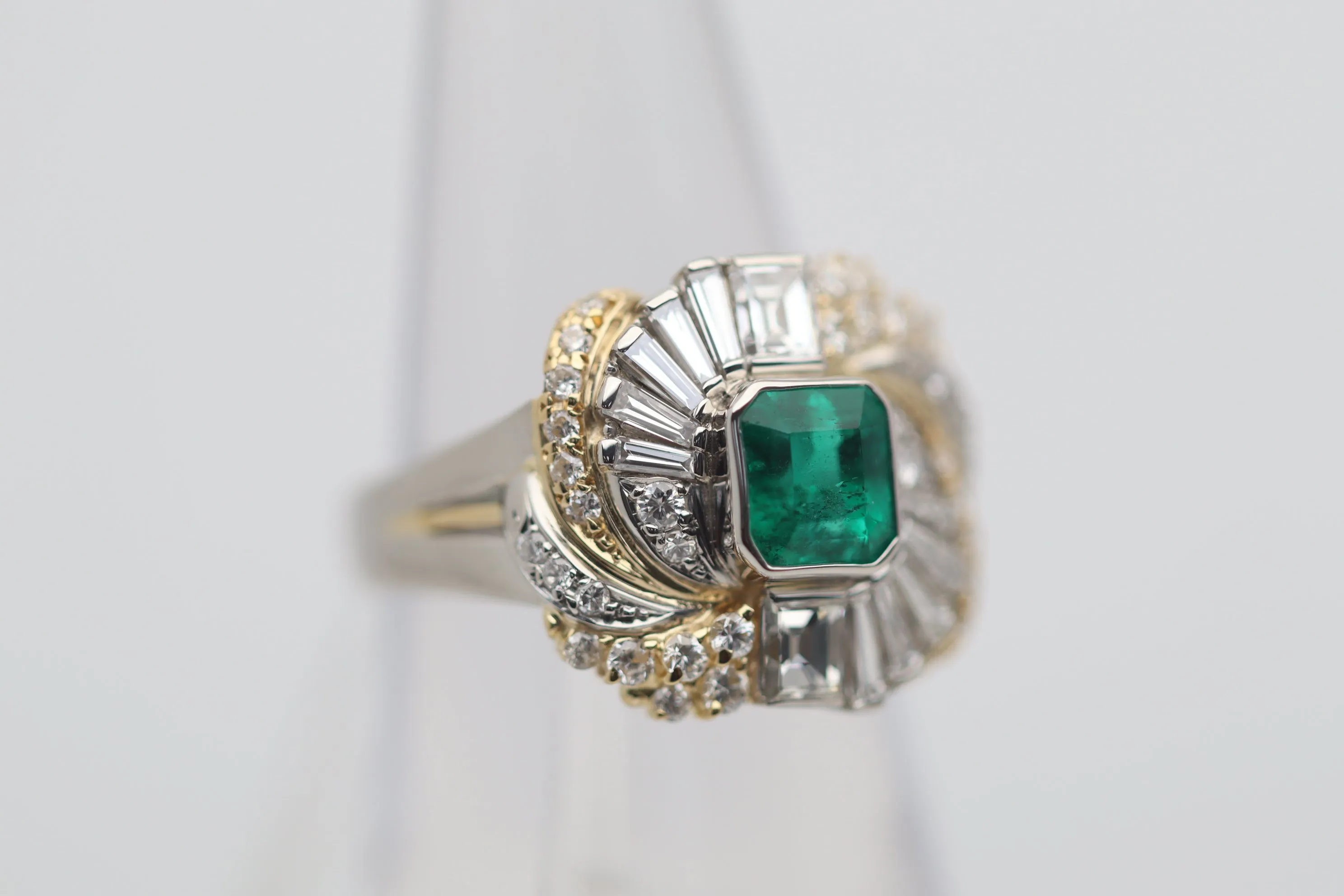 Emerald Diamond Platinum & Gold Two-Tone Spiral Ring