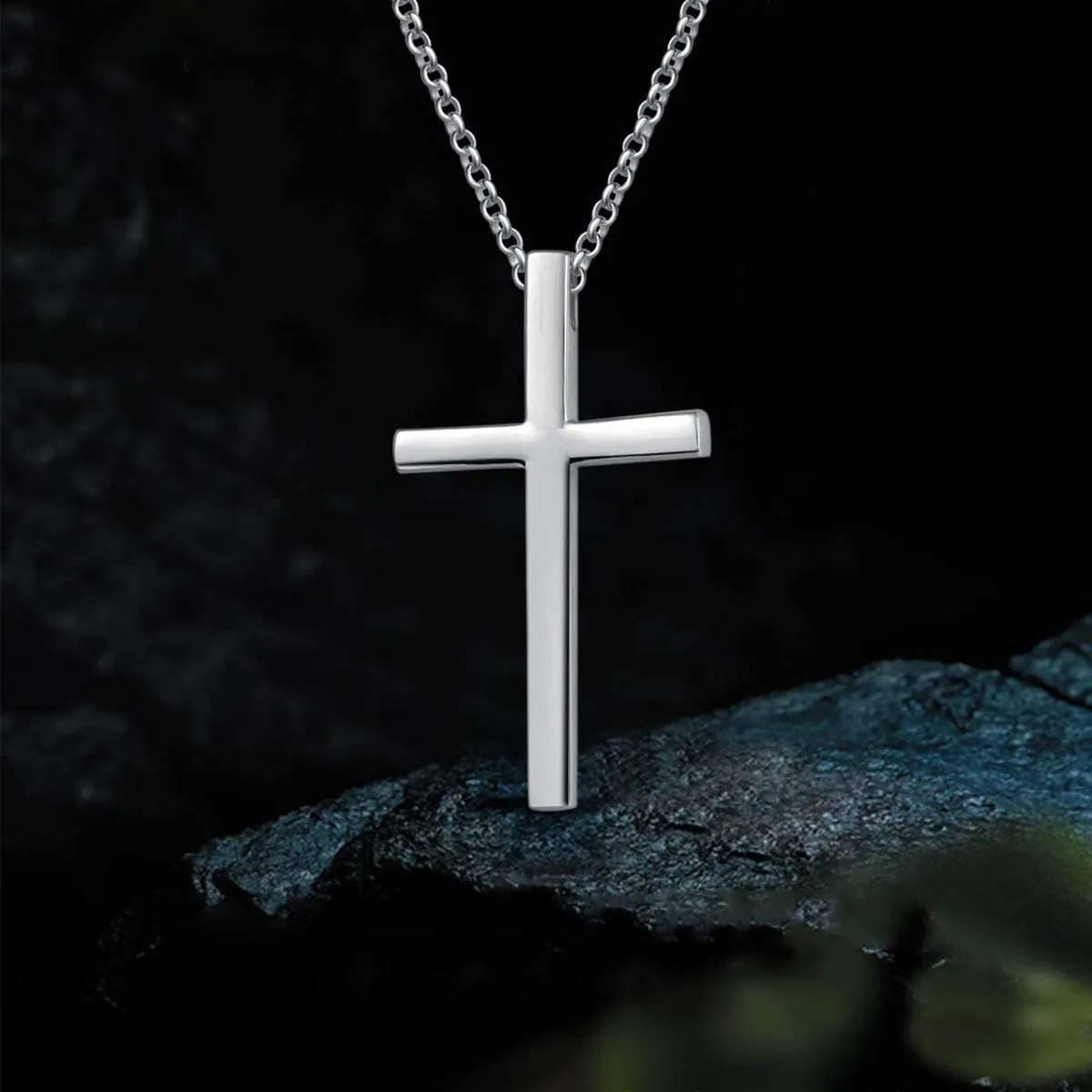 FANCIME Large Polishing Cross Sterling Silver Mens Necklace