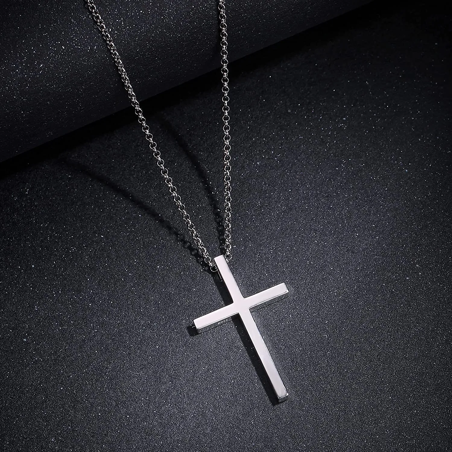 FANCIME Large Polishing Cross Sterling Silver Mens Necklace