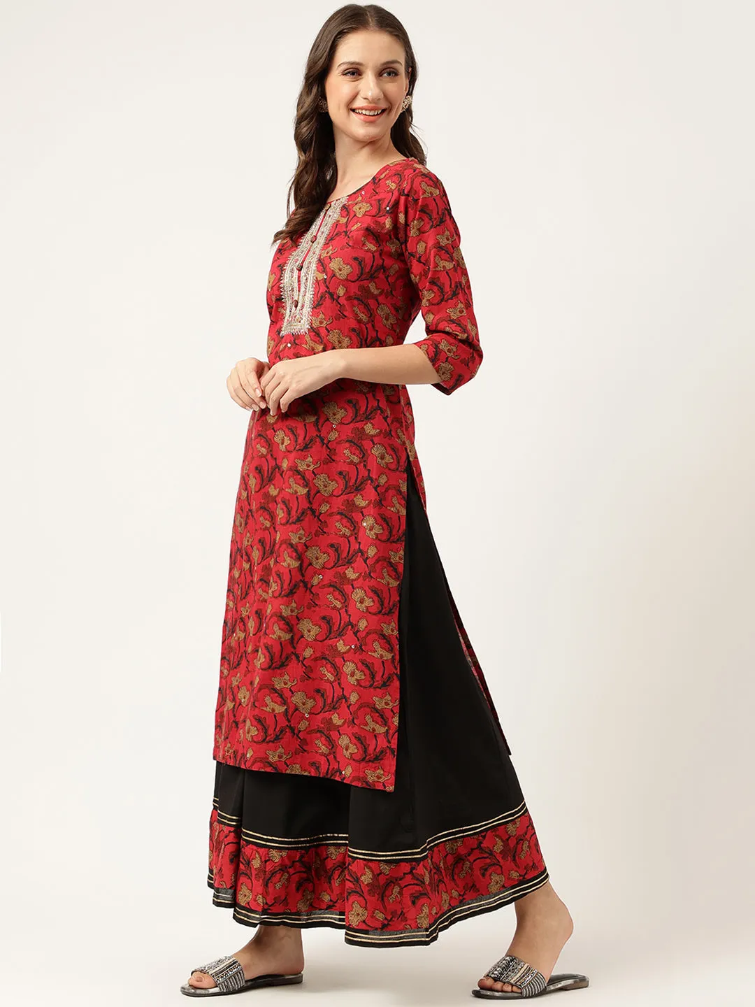 Floral Printed Cotton Kurta With Sharara Set