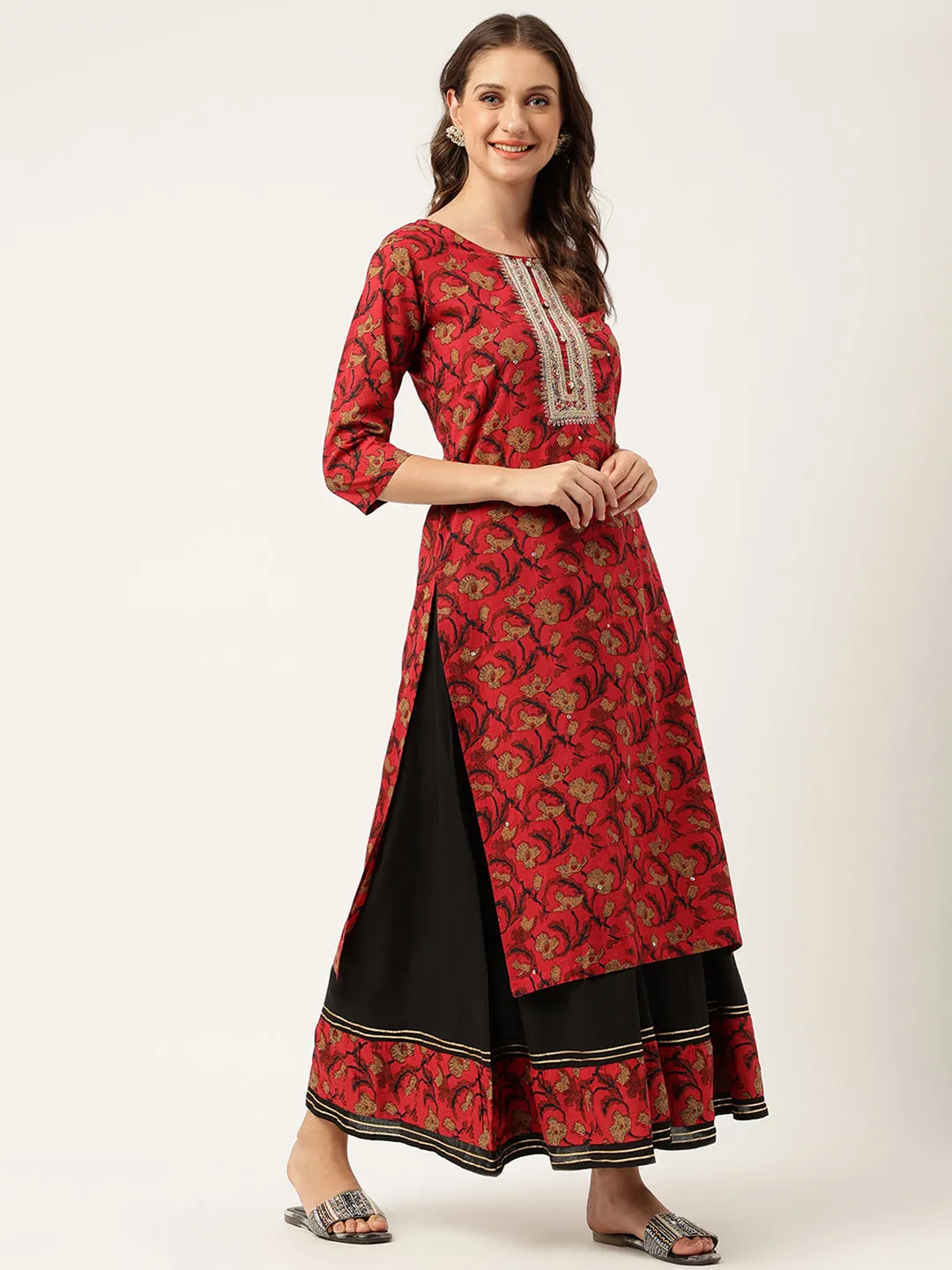 Floral Printed Cotton Kurta With Sharara Set