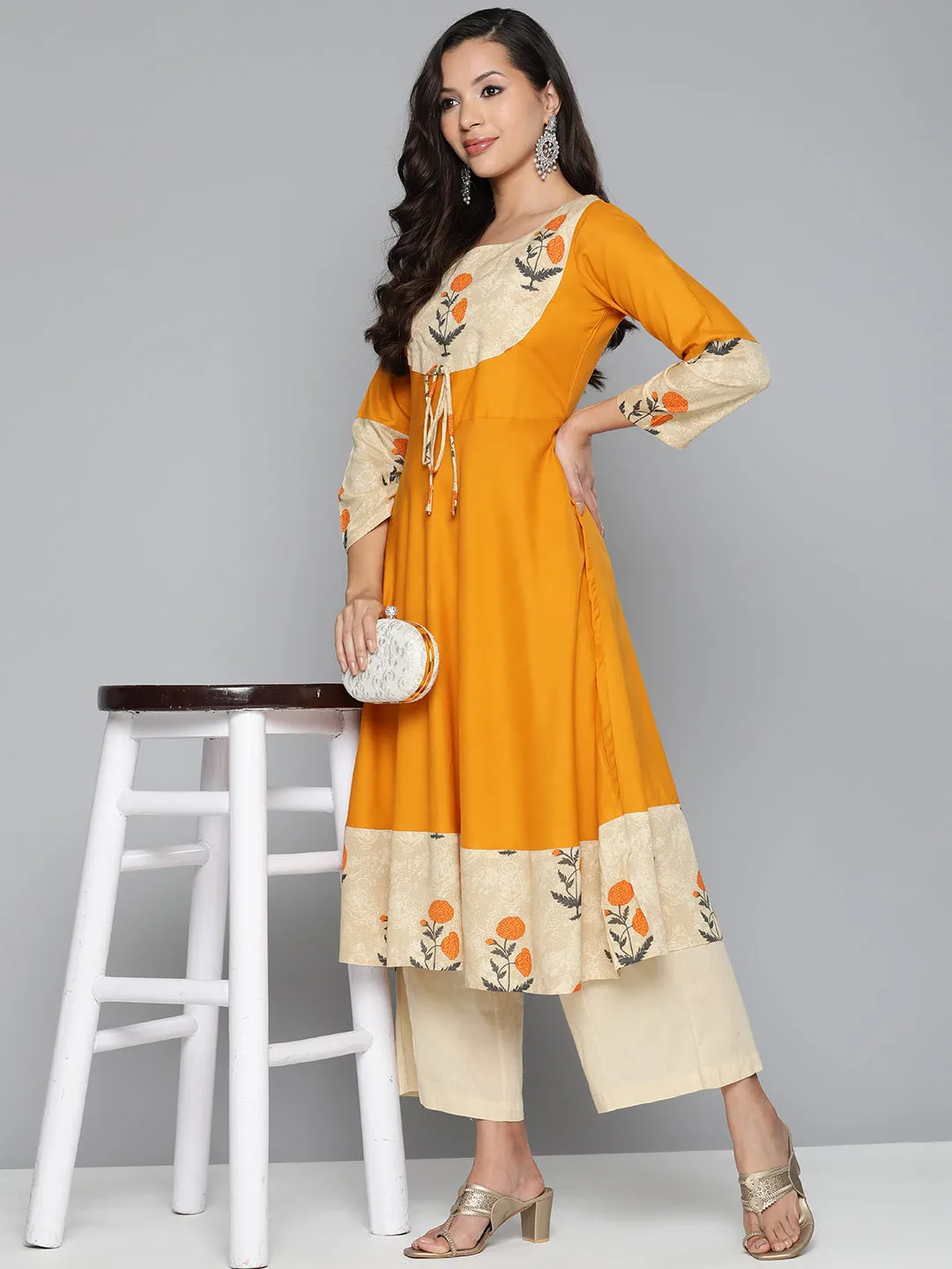 Floral Printed Mustard Floral Kurta