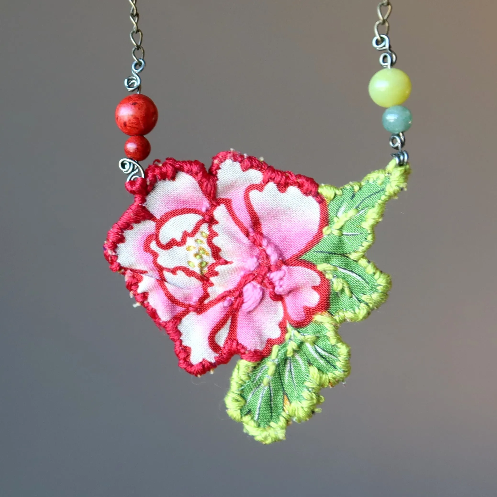 Flower Embroidered Necklace Red Coral Green Aventurine Serpentine