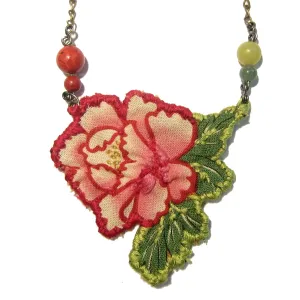 Flower Embroidered Necklace Red Coral Green Aventurine Serpentine