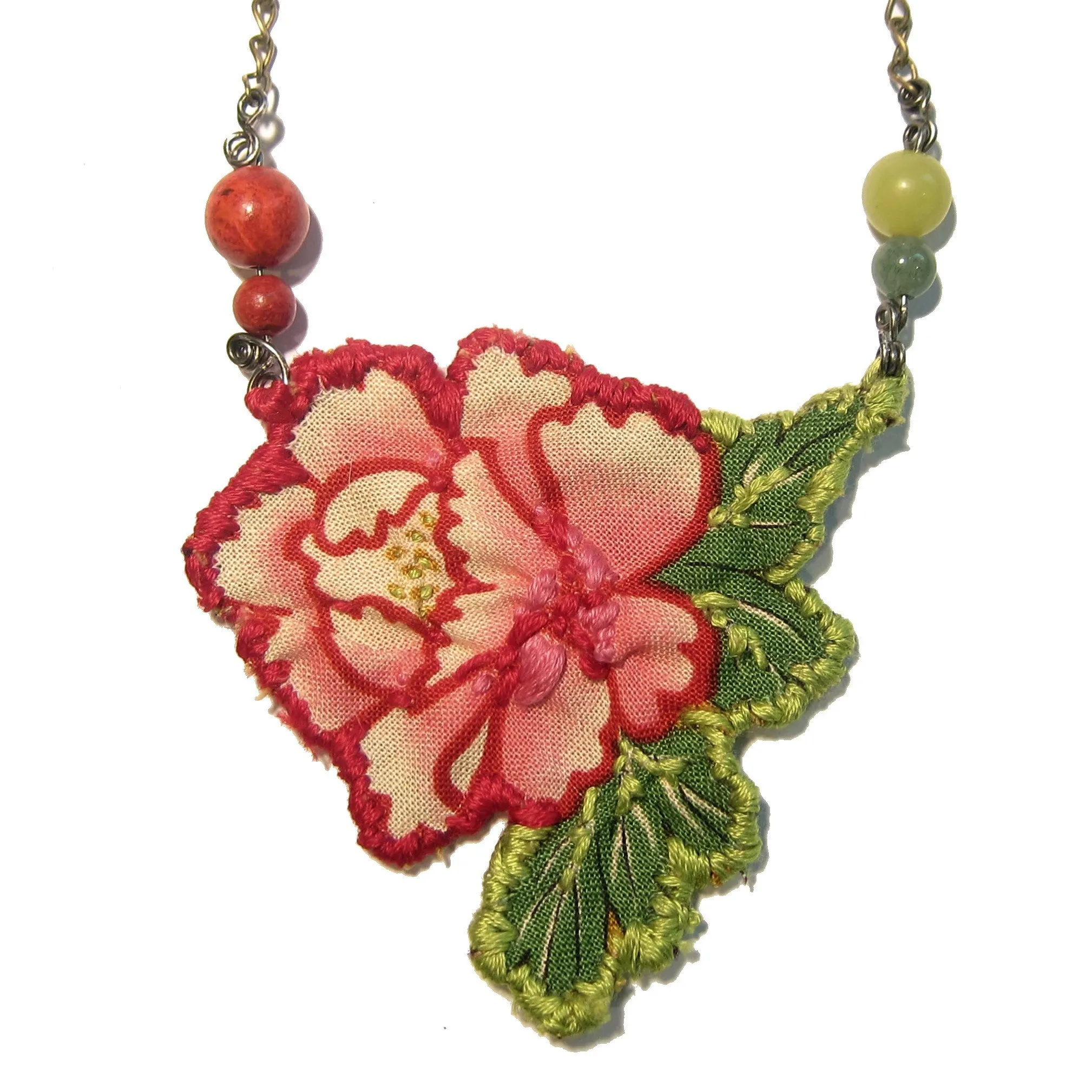 Flower Embroidered Necklace Red Coral Green Aventurine Serpentine