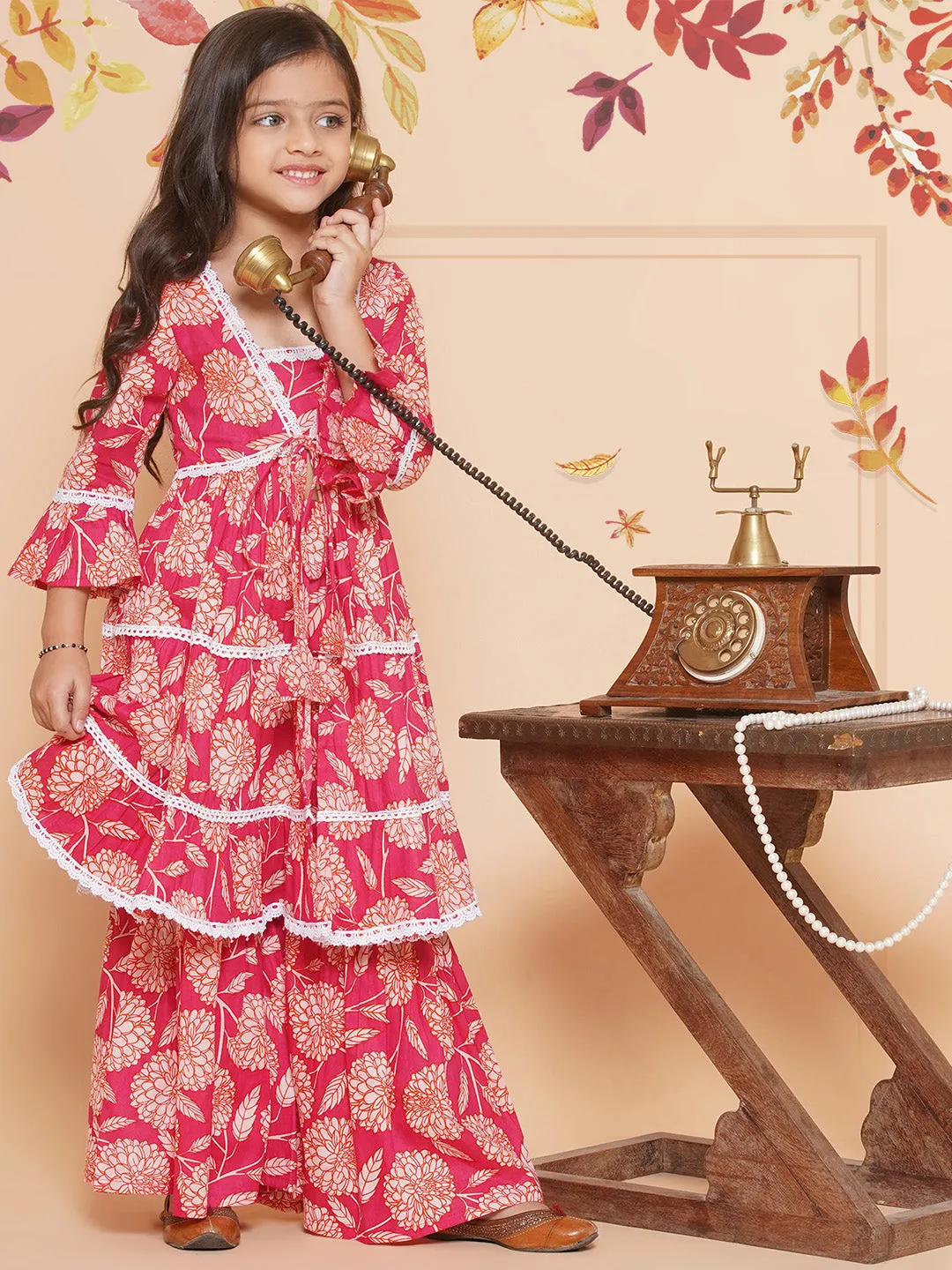 Girls Pink Printed V- Neck  Kurta with Sharara