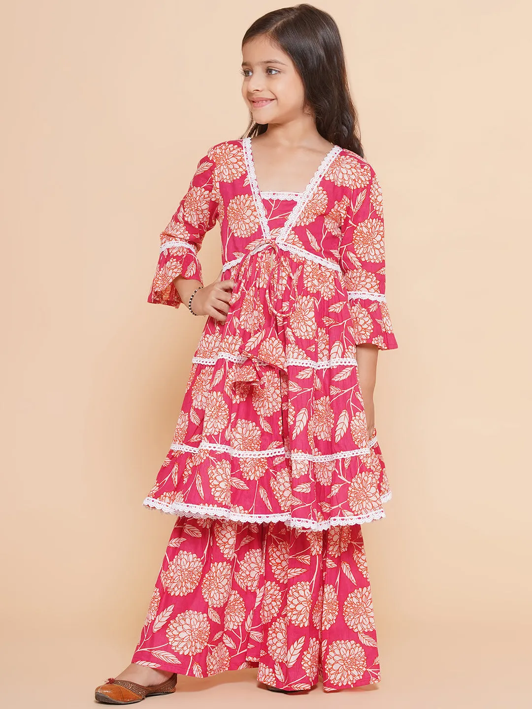 Girls Pink Printed V- Neck  Kurta with Sharara