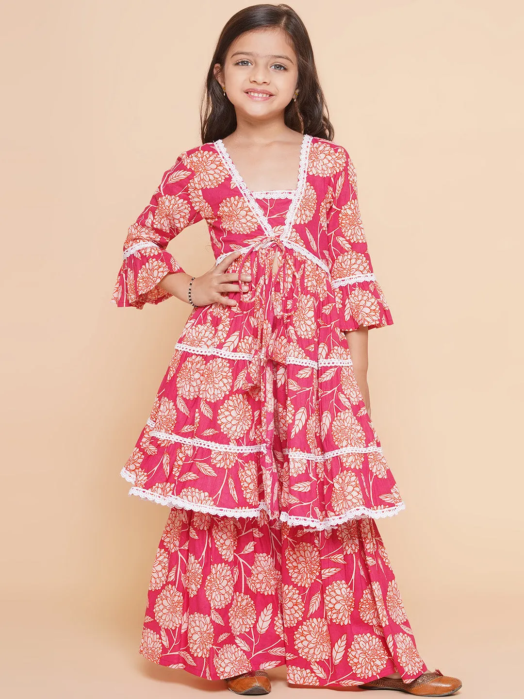 Girls Pink Printed V- Neck  Kurta with Sharara