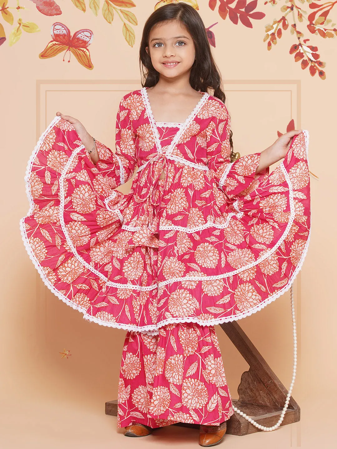 Girls Pink Printed V- Neck  Kurta with Sharara