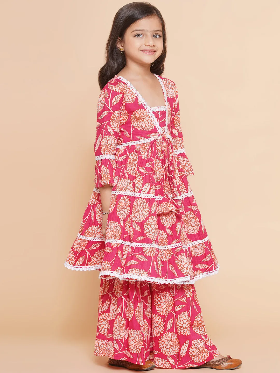 Girls Pink Printed V- Neck  Kurta with Sharara