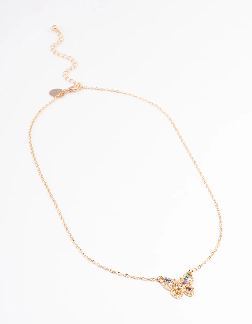 Gold Diamante & Pearl Butterfly Necklace