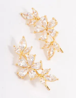 Gold Plated Cubic Zirconia Flower Clawler Stud Earrings