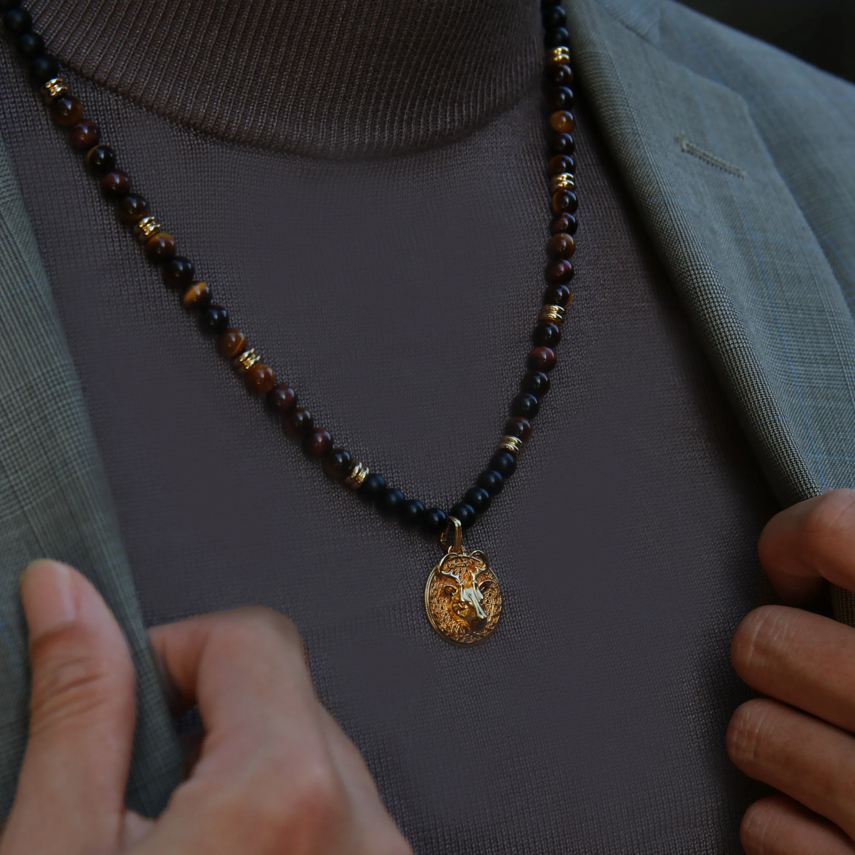 Gold Tiger Eye Beaded Necklace with Pendant