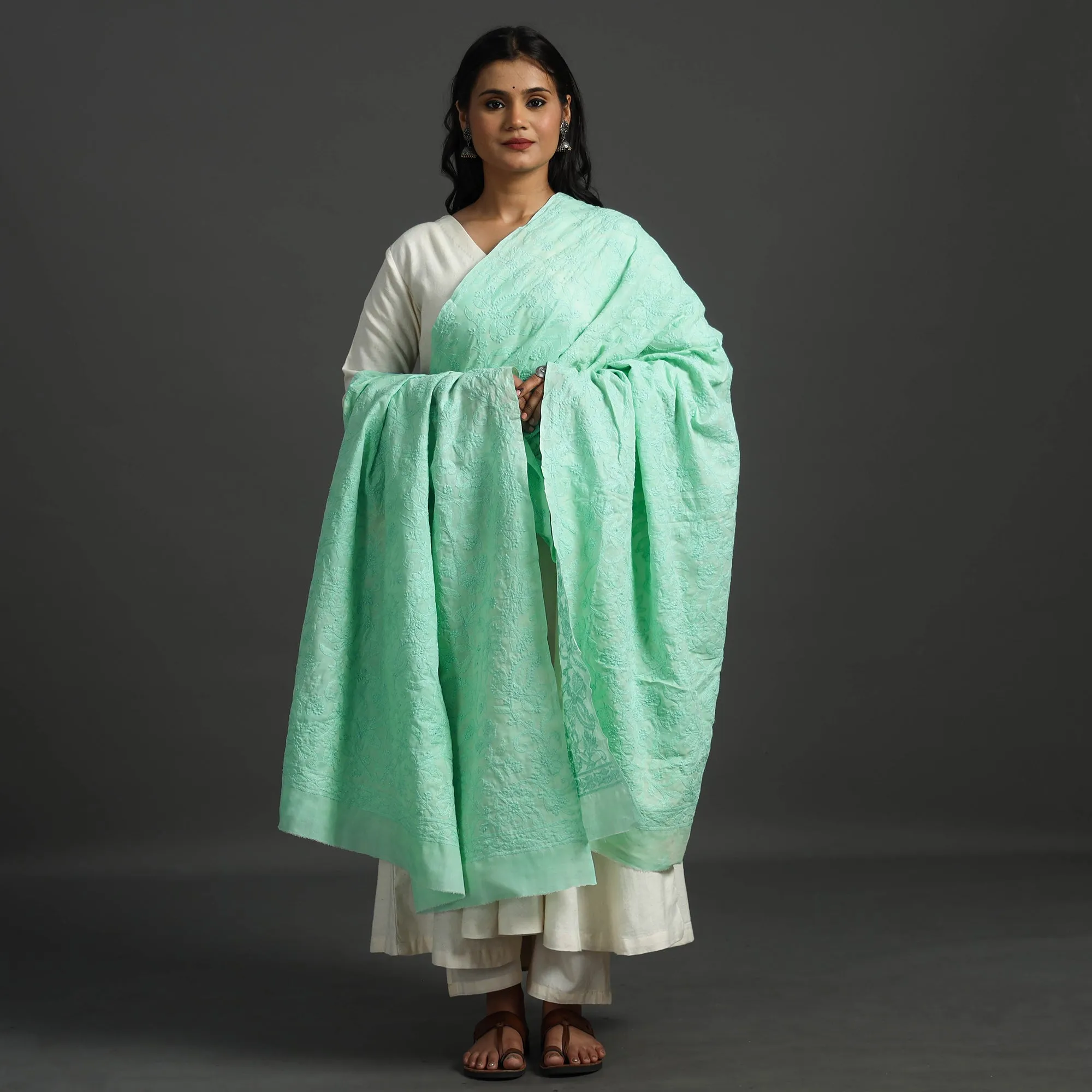 Green - Lucknow Chikankari Hand Embroidery Full Jaal Cotton Dupatta 19