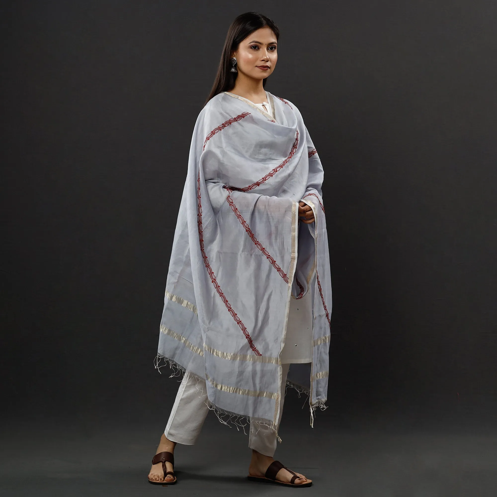 Grey - Lucknow Chikankari Hand Embroidery Maheshwari Silk Handloom Dupatta