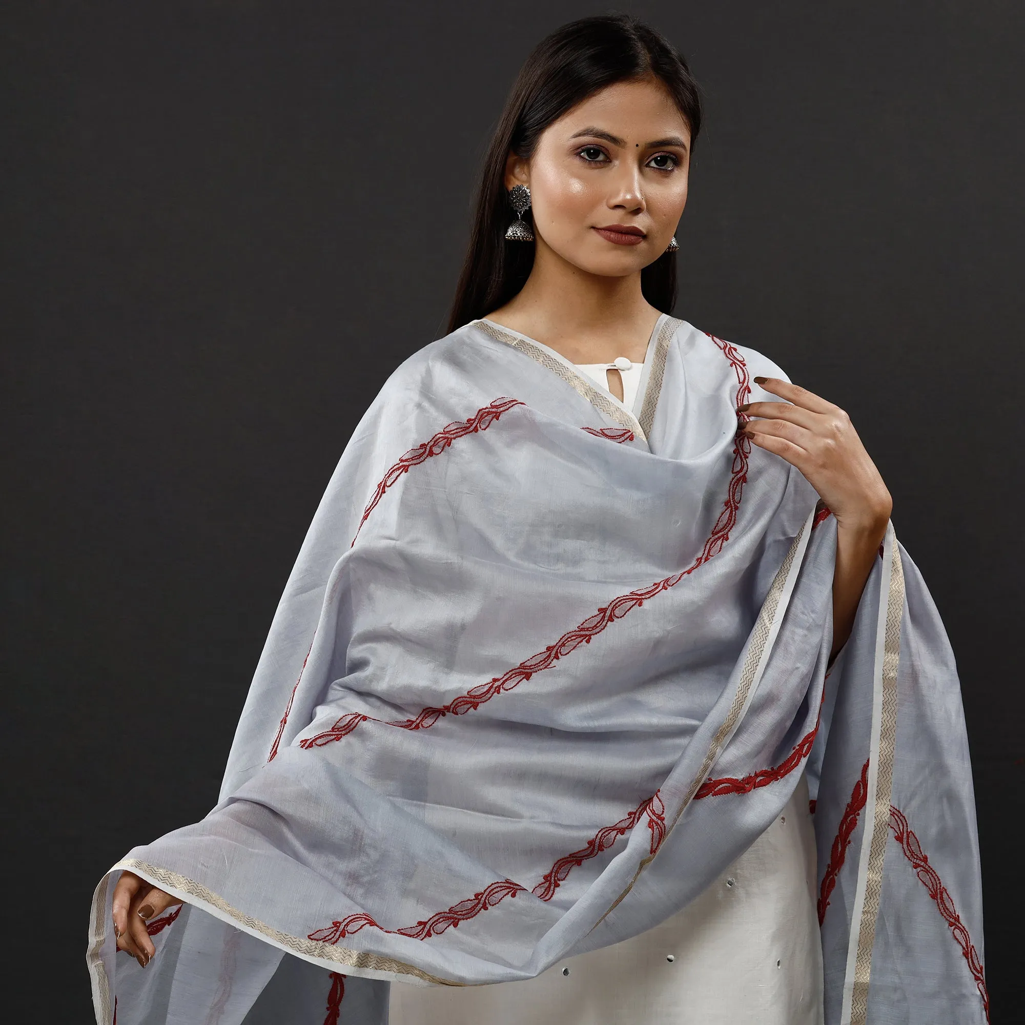 Grey - Lucknow Chikankari Hand Embroidery Maheshwari Silk Handloom Dupatta