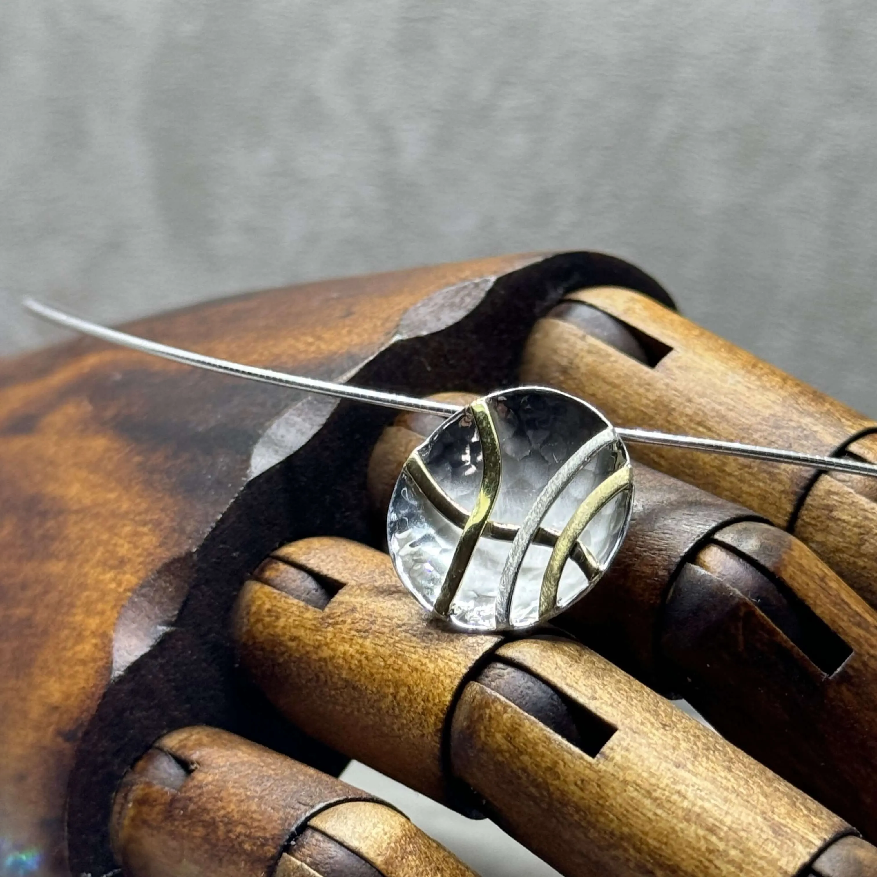 Hammered Sterling Silver Concave Disc Necklace with Linear Brass Details