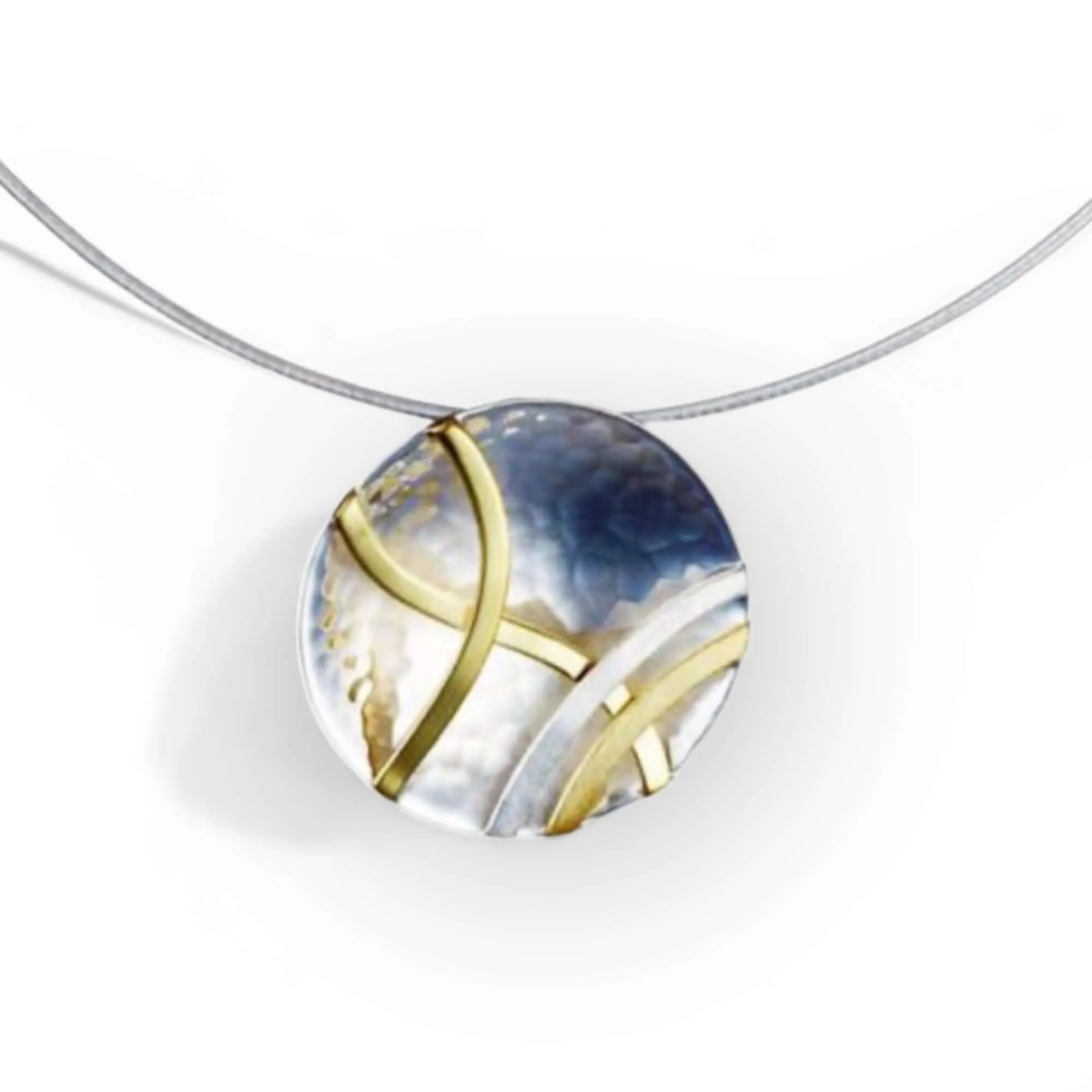 Hammered Sterling Silver Concave Disc Necklace with Linear Brass Details