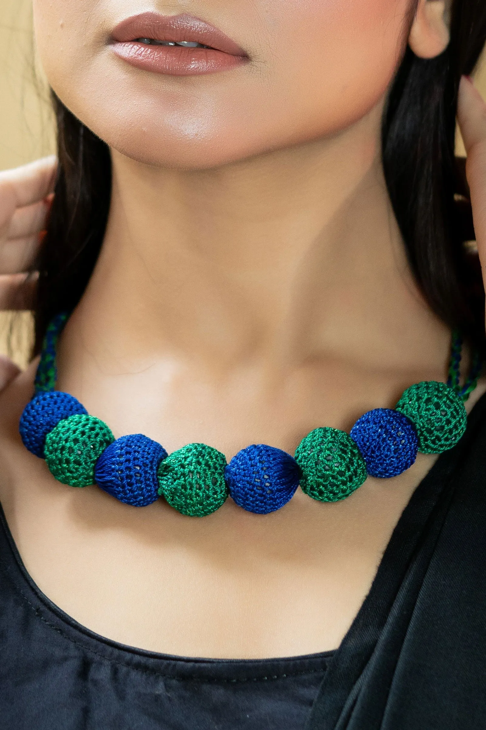 Handmade Blue Green Fabric Ball Necklace - Unique Choker with Elegant Design for Standout Style