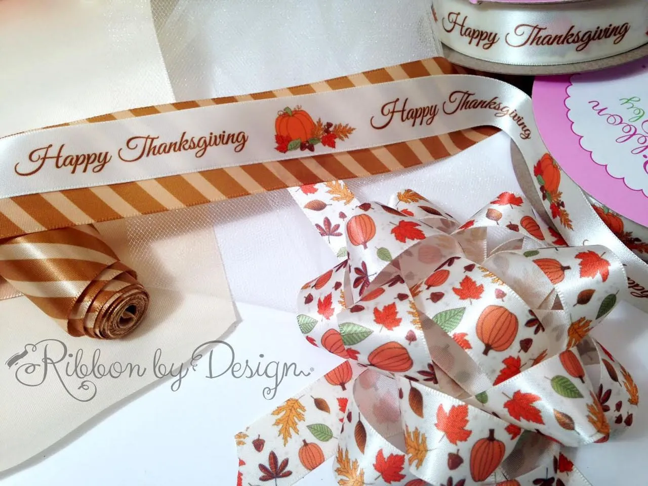 Happy Thanksgiving Ribbon on 7/8" antique white Single Face Satin ribbon