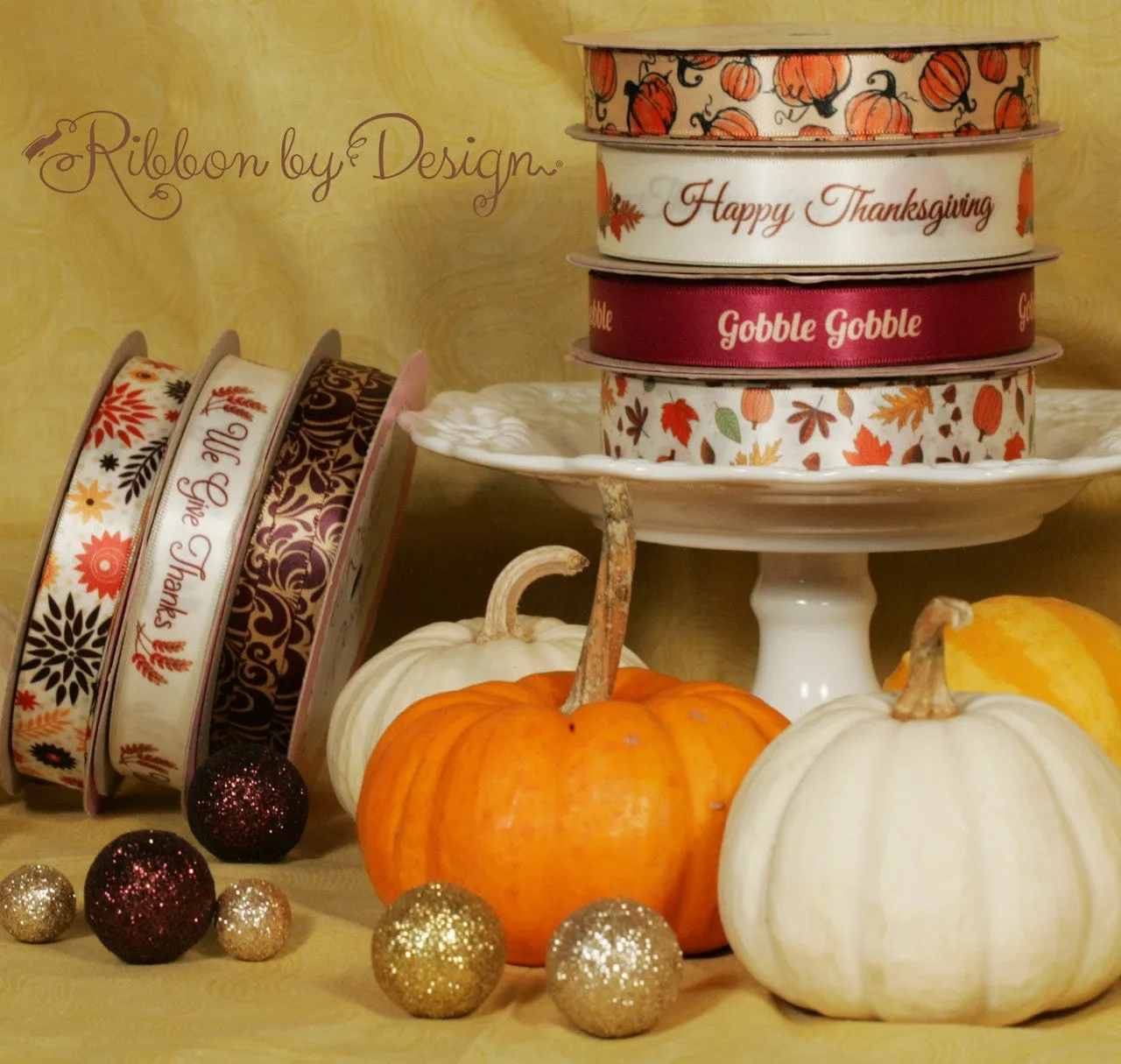 Happy Thanksgiving Ribbon on 7/8" antique white Single Face Satin ribbon