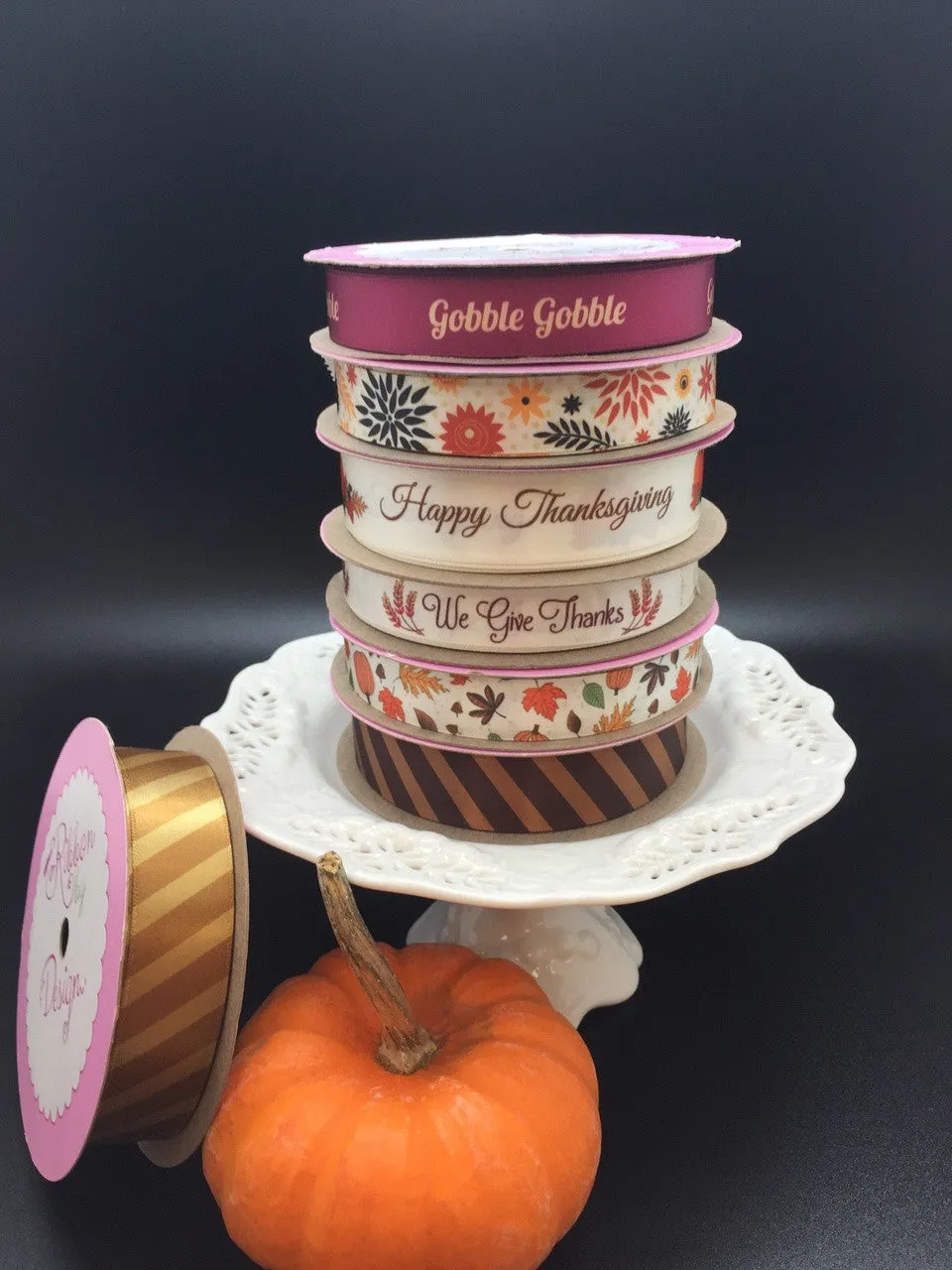 Happy Thanksgiving Ribbon on 7/8" antique white Single Face Satin ribbon