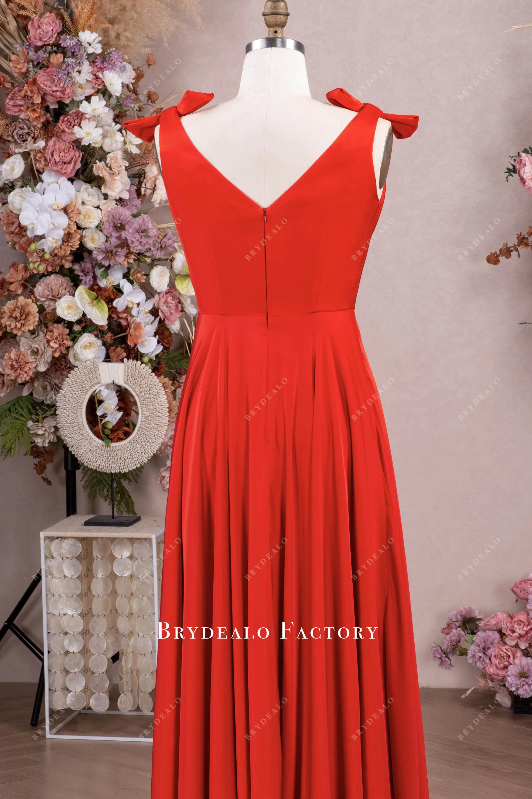 High Quality Satin Red Bowknot Shoulder V-neck Evening Dress