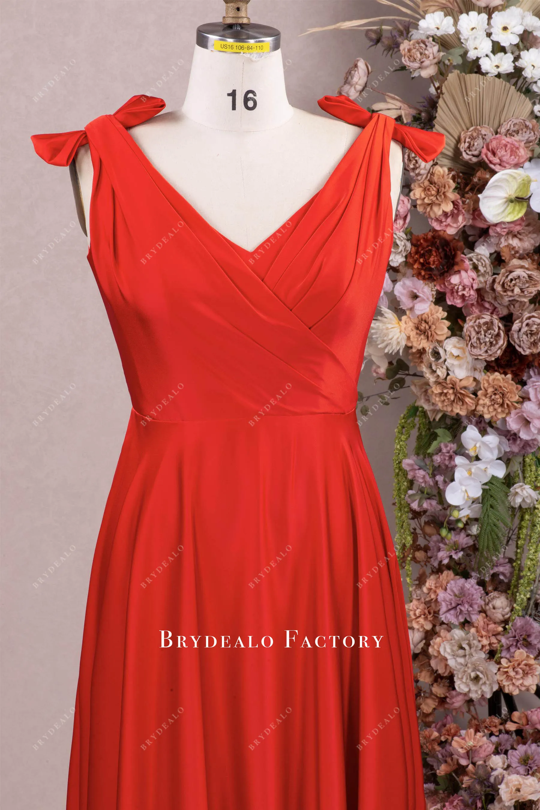 High Quality Satin Red Bowknot Shoulder V-neck Evening Dress