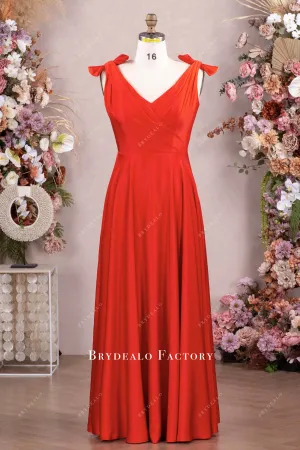 High Quality Satin Red Bowknot Shoulder V-neck Evening Dress