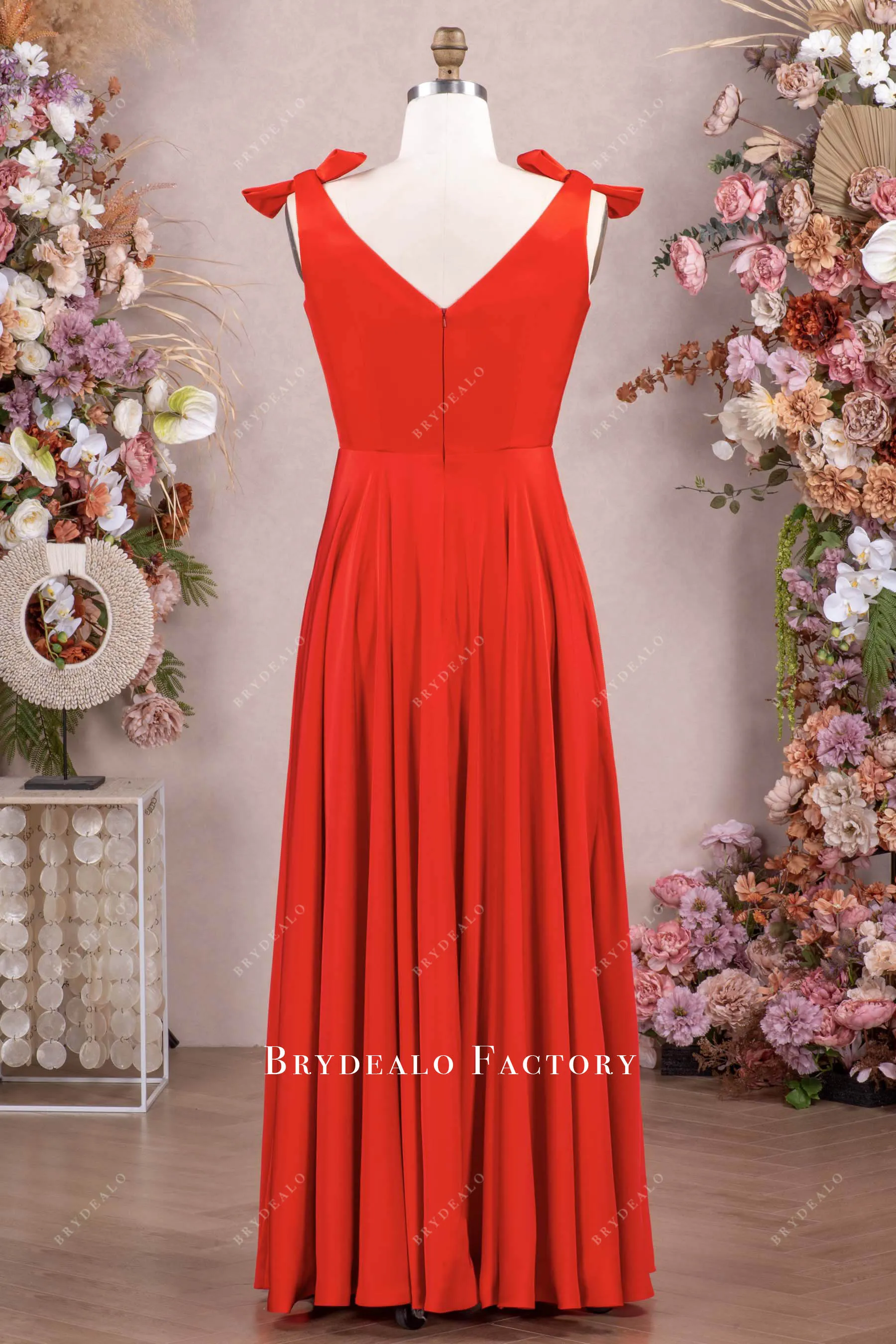 High Quality Satin Red Bowknot Shoulder V-neck Evening Dress