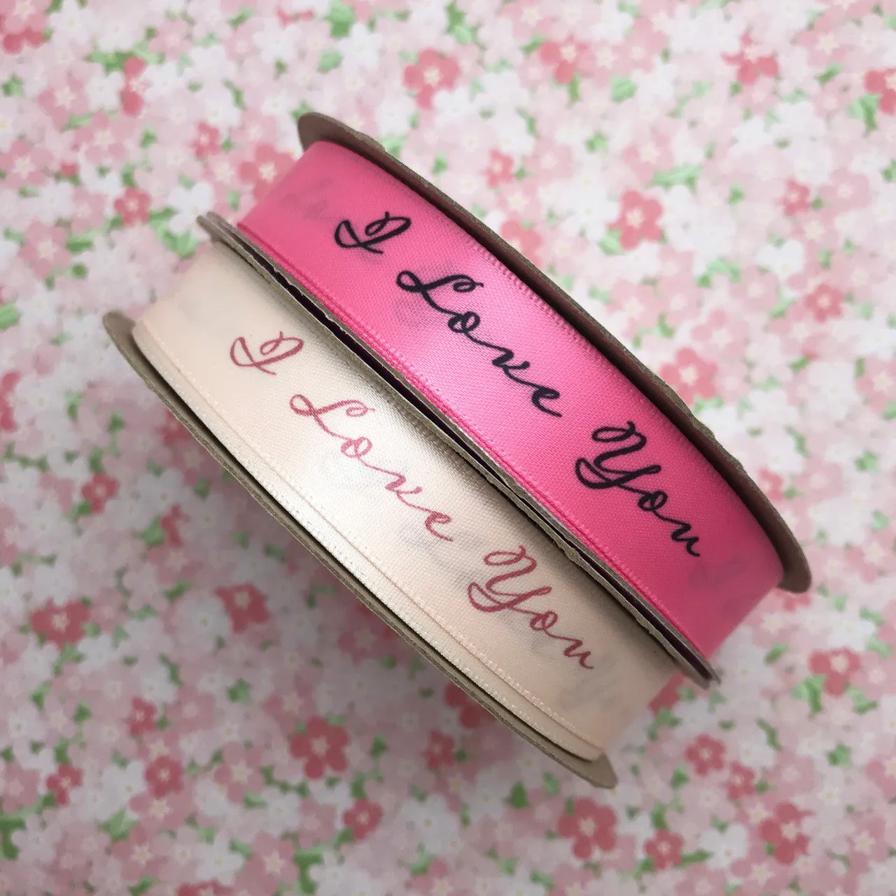 I Love You  Valentine ribbon in rose gold script  printed on 5/8" antique white satin