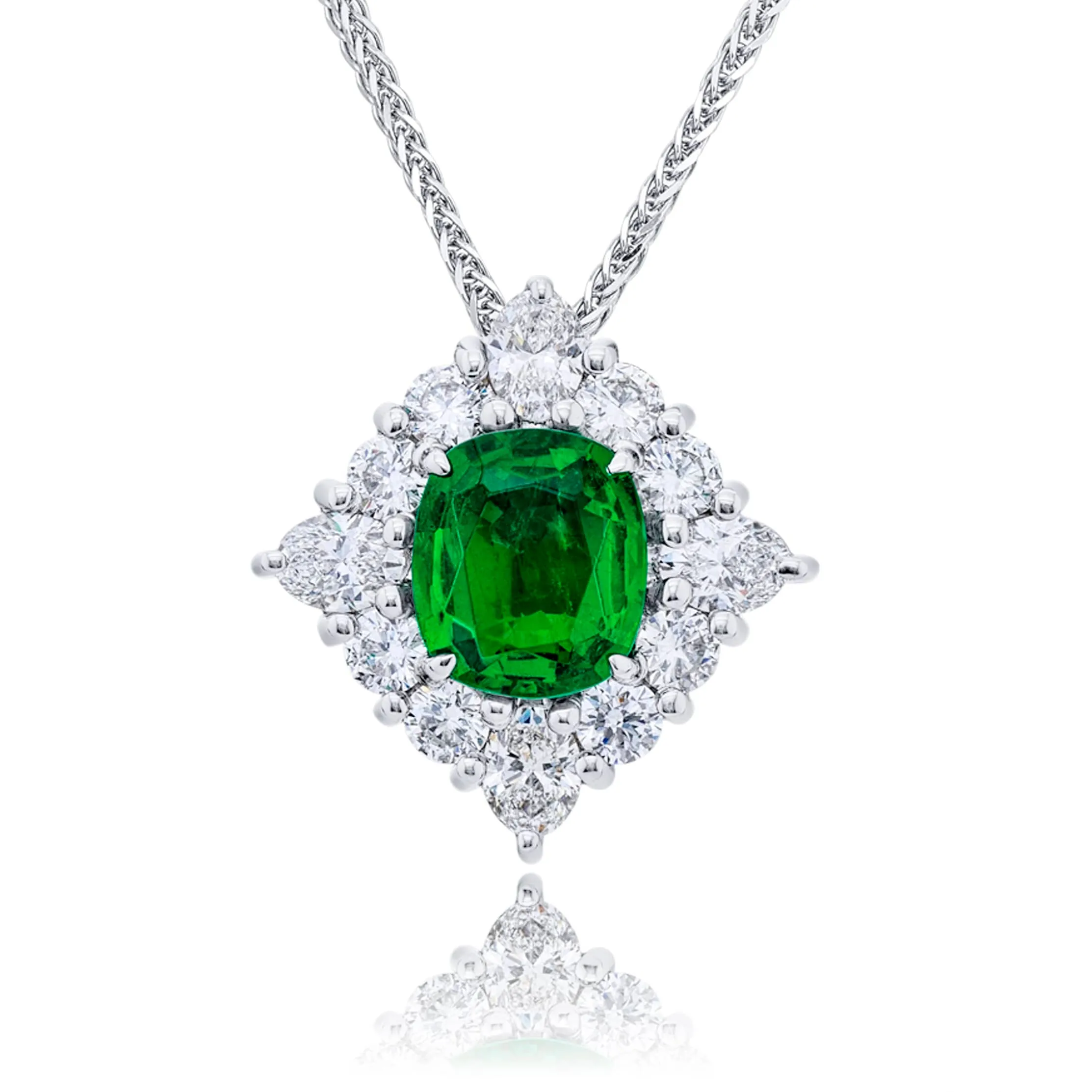 JB Star Cushion Shape Emerald & Diamond Pendant Necklace