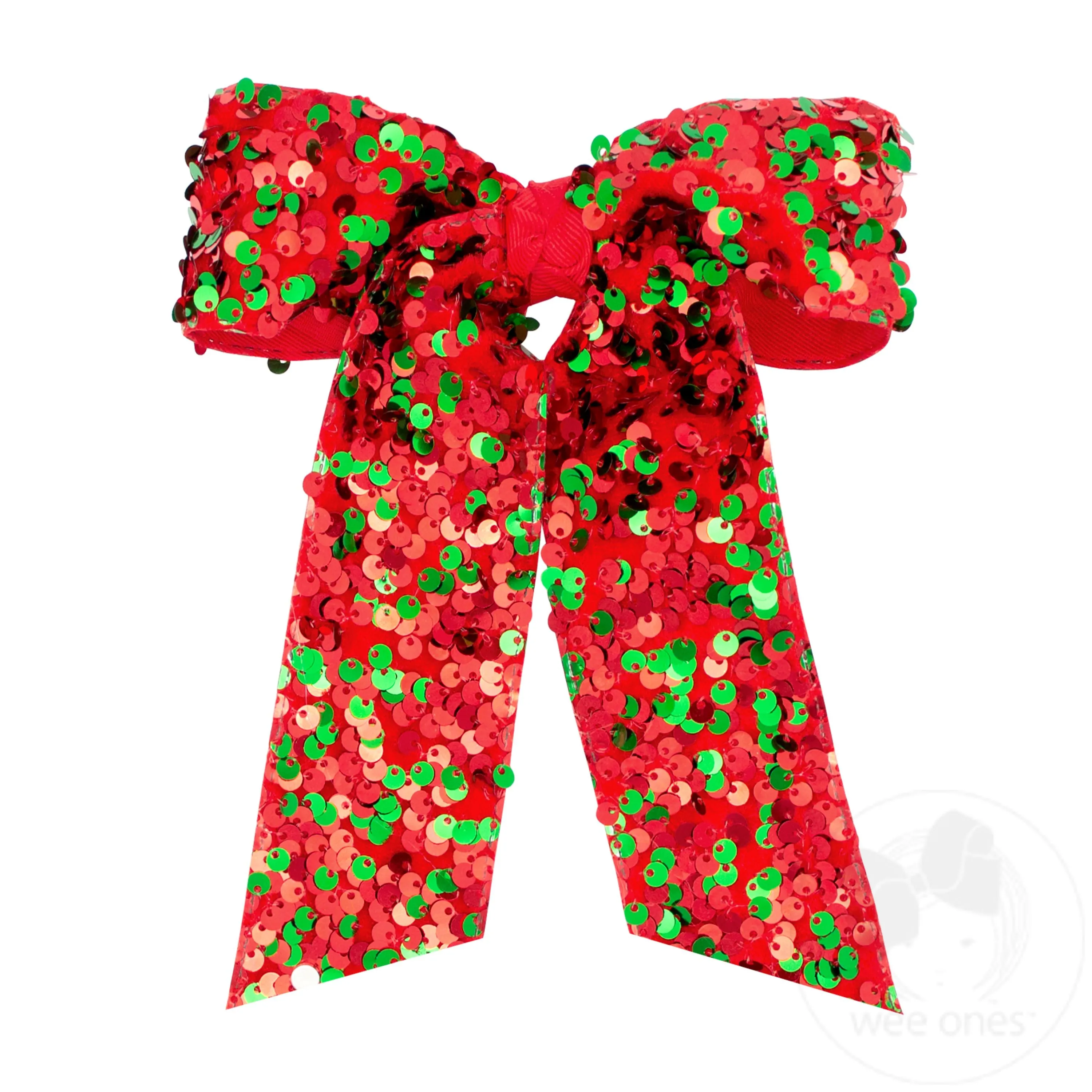 King Red and Green Velvet Sequin Two-loop Hair Bow with Long Front Tails and Knot Wrap