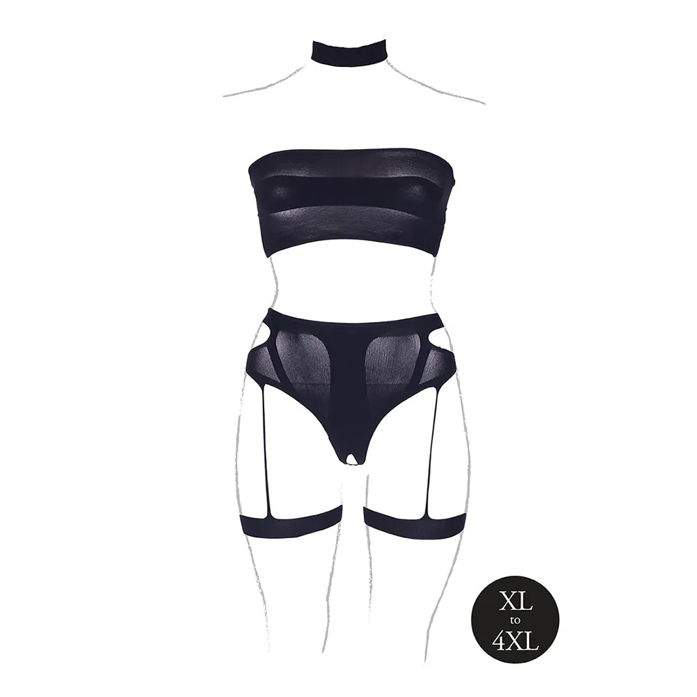 Le Desir Shade Ananke XII Choker, Bandeau Top & Panty with Garters Black Queen