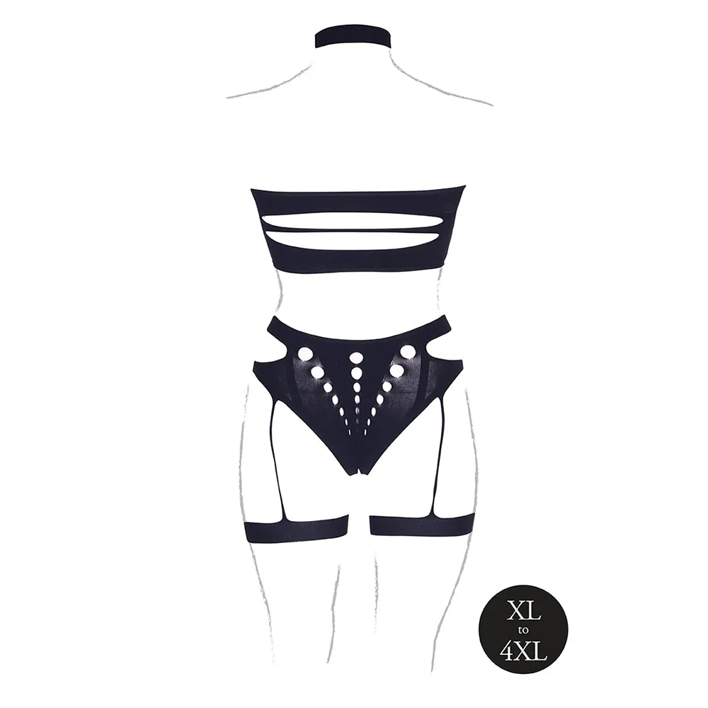 Le Desir Shade Ananke XII Choker, Bandeau Top & Panty with Garters Black Queen