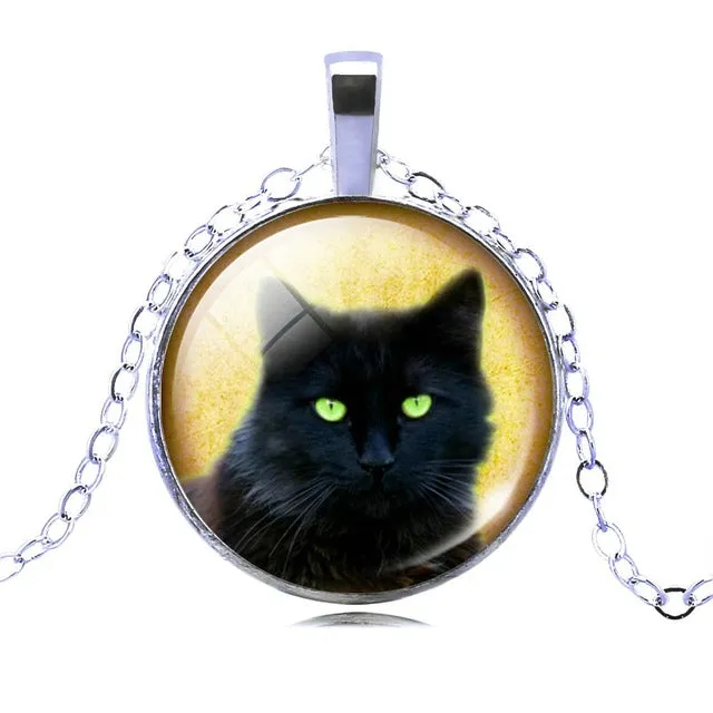 LIEBE ENGEL Unique Necklace Glass Cabochon Silver Bronze Chain Necklace Black Cat Picture Vintage Pendant Necklace For Women