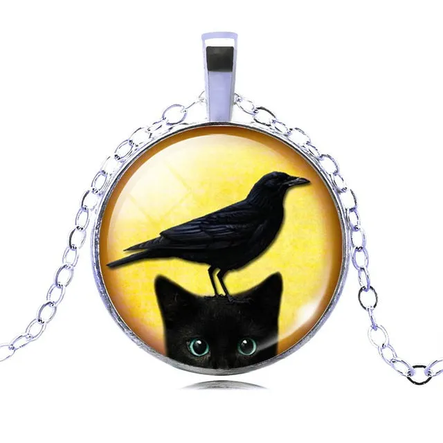 LIEBE ENGEL Unique Necklace Glass Cabochon Silver Bronze Chain Necklace Black Cat Picture Vintage Pendant Necklace For Women