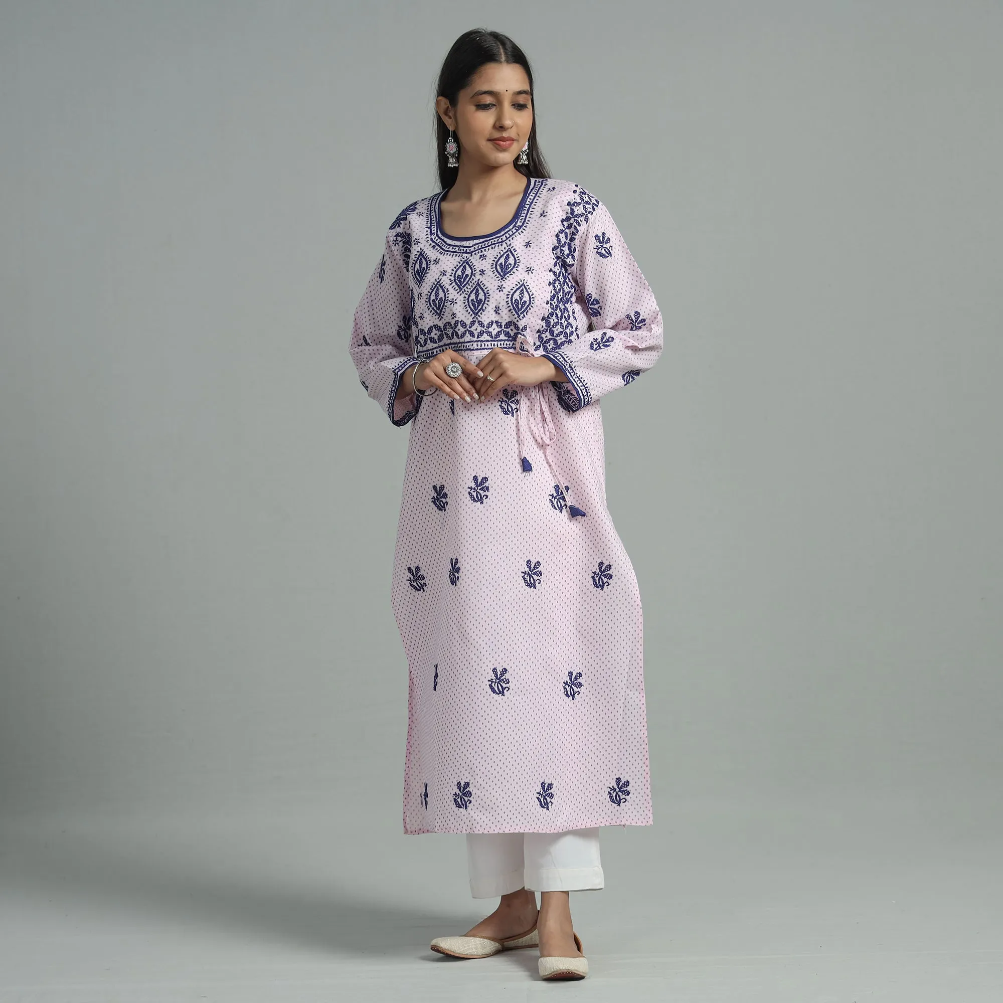 Light Pink Chikankari Hand Embroidered Cotton Long Kurta