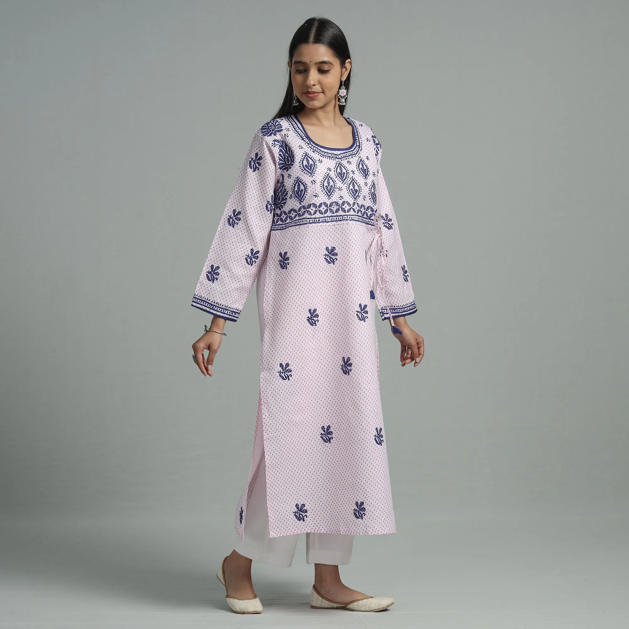 Light Pink Chikankari Hand Embroidered Cotton Long Kurta