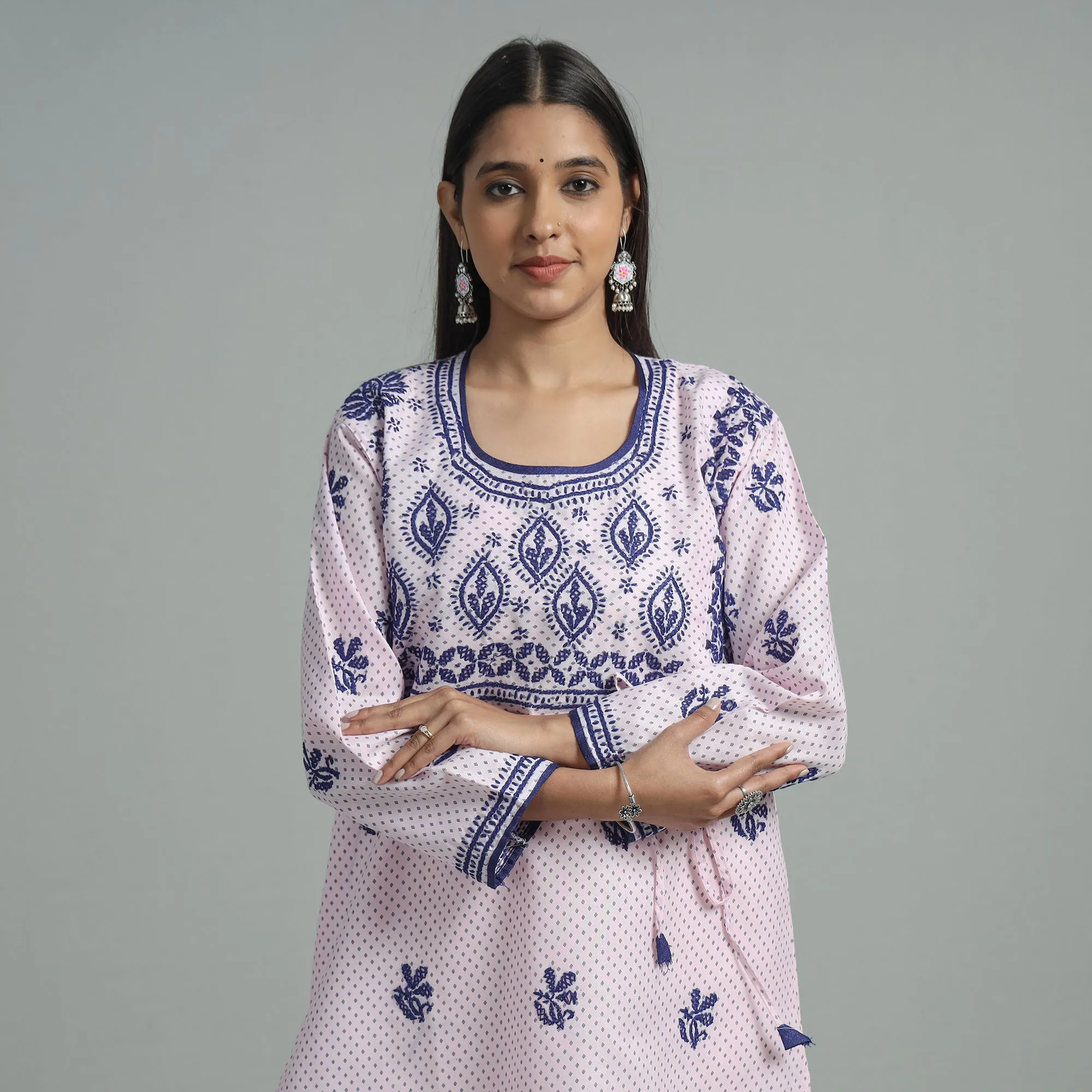 Light Pink Chikankari Hand Embroidered Cotton Long Kurta