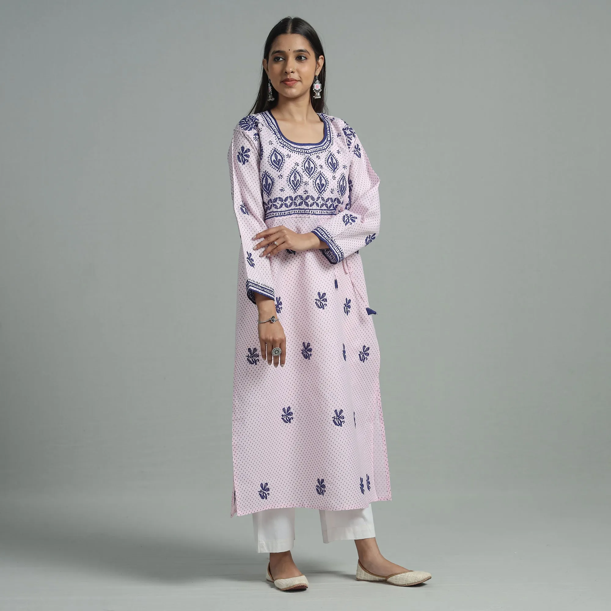 Light Pink Chikankari Hand Embroidered Cotton Long Kurta