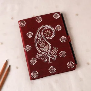 Maroon - Lucknow Chikankari Hand Embroidery Silk Cover Notebook with Pencil (8 x 5.5 in)