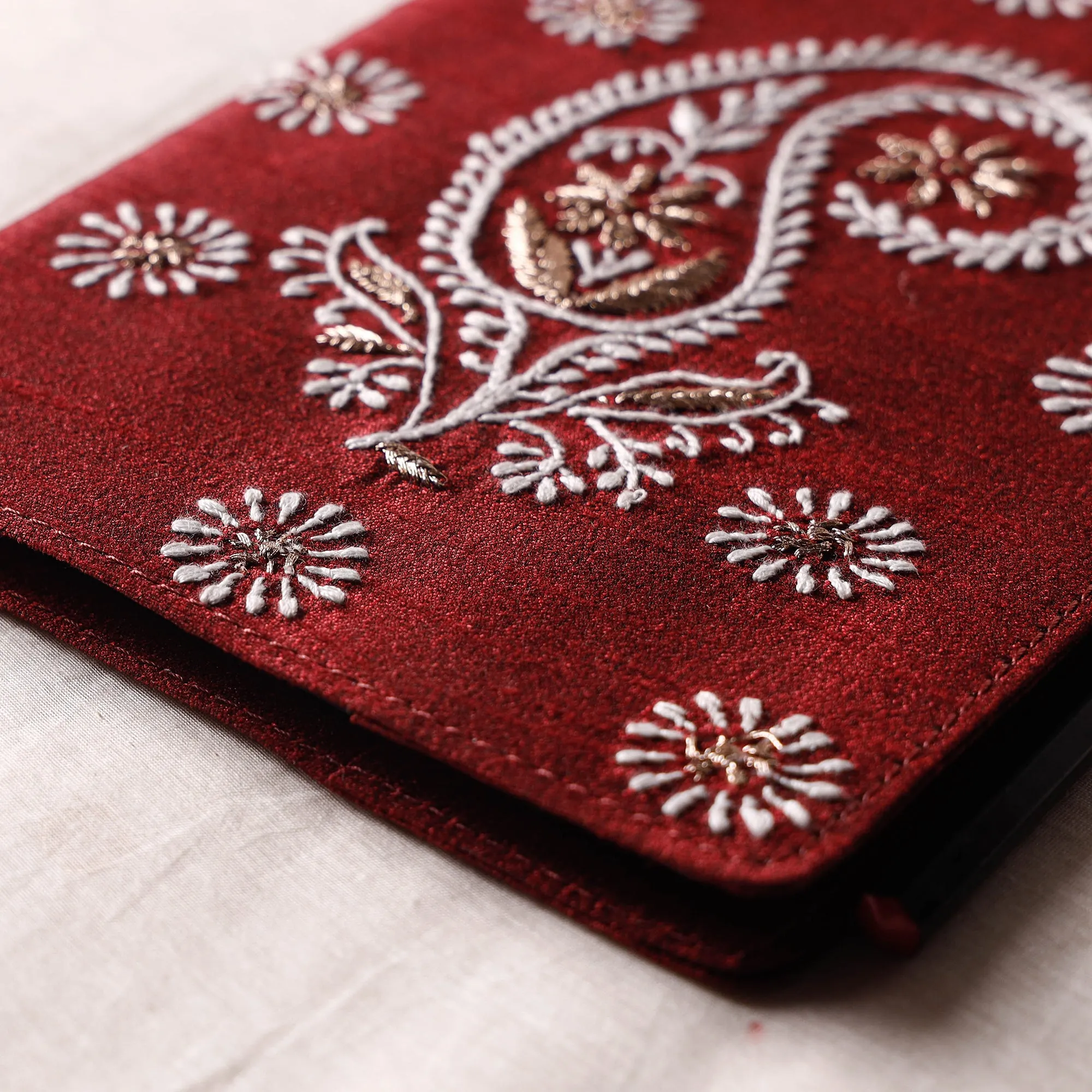 Maroon - Lucknow Chikankari Hand Embroidery Silk Cover Notebook with Pencil (8 x 5.5 in)