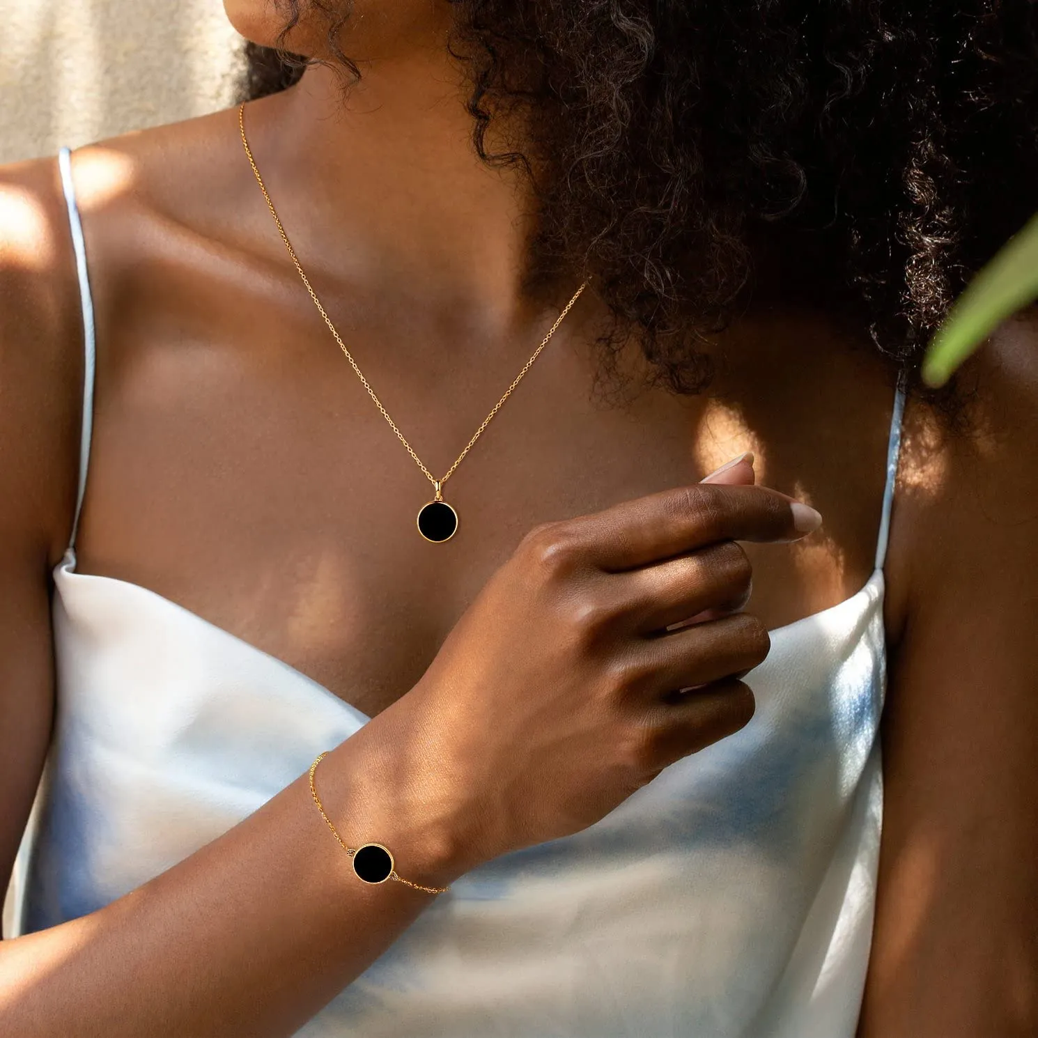 Natural Black Onyx 14K Yellow Gold Disc Necklace